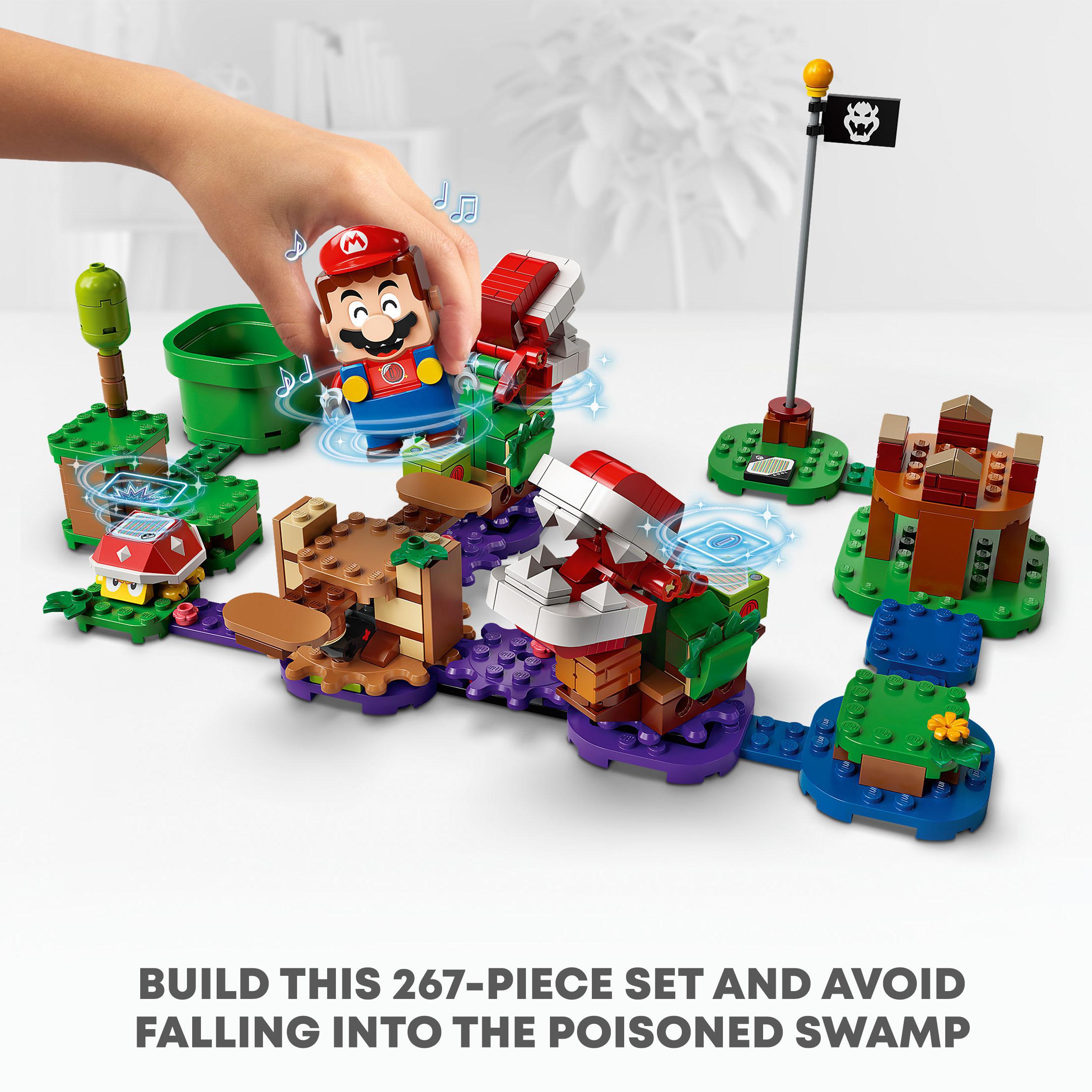 Child playing with LEGO® Super Mario Piranha Plant Expansion Set 71382, navigating the poisonous swamp challenge.