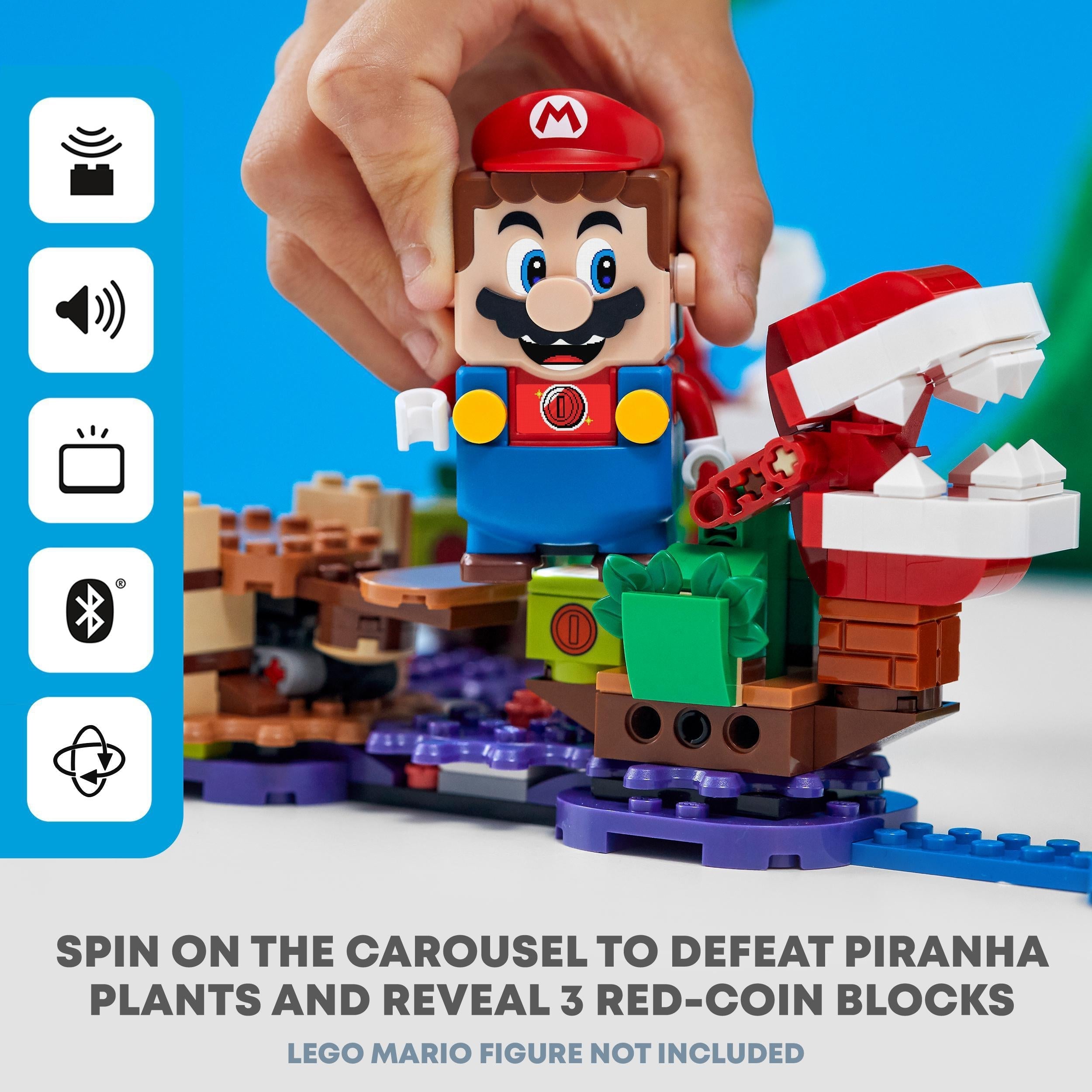 LEGO® Super Mario Piranha Plant Expansion Set with Mario figure near carousel, showcasing interactive play features.