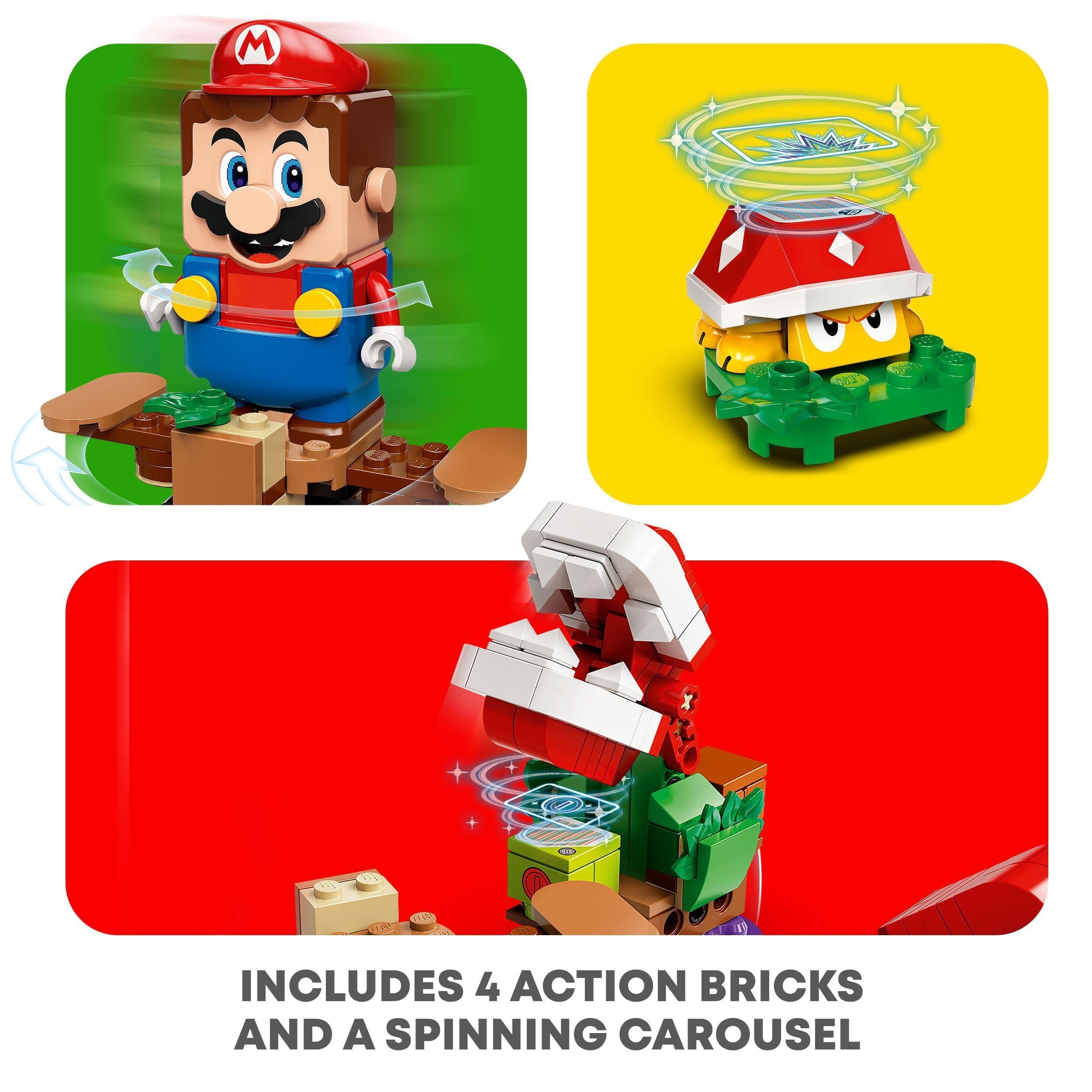 LEGO Super Mario Piranha Plant Expansion Set 71382 featuring Mario, action bricks, and a colorful spinning carousel.
