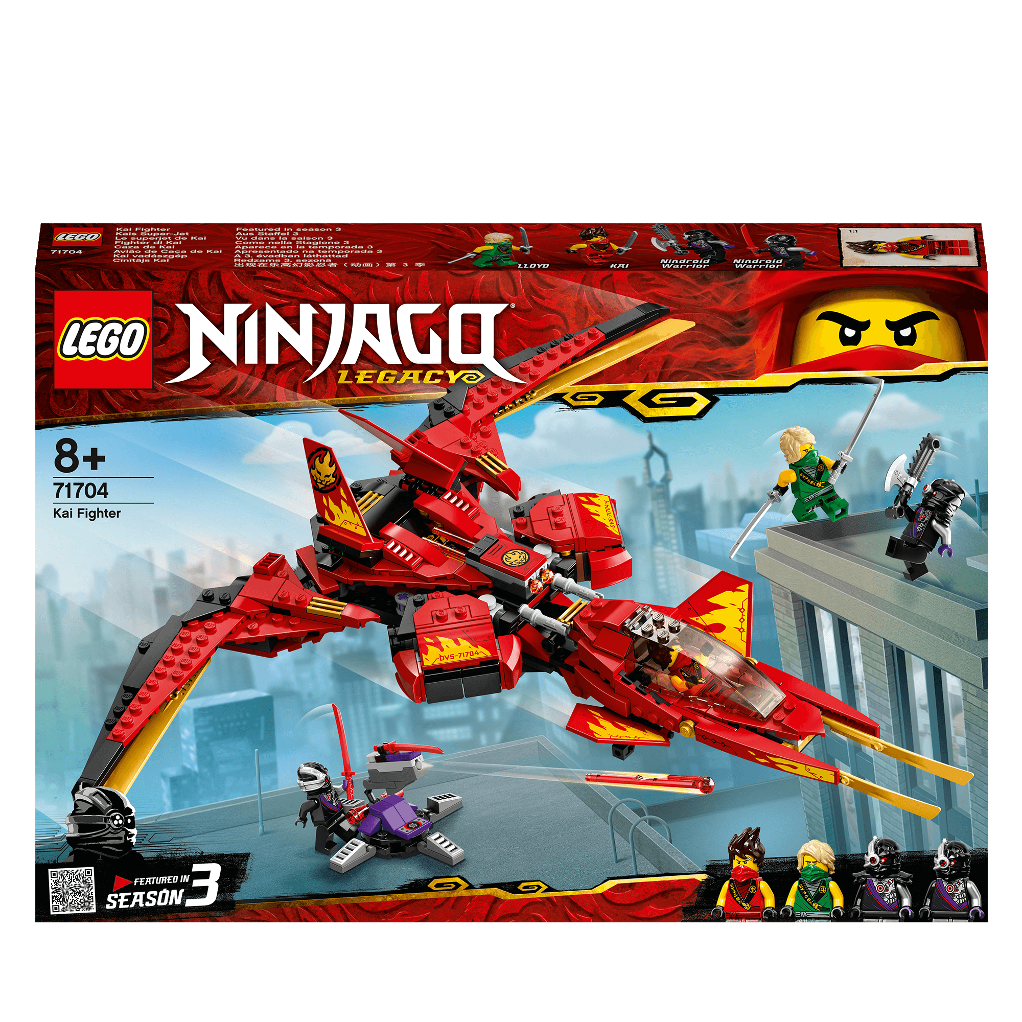 LEGO NINJAGO Legacy Kai Fighter 71704 toy jet, featuring Kai and Lloyd in NINJAGO City adventures.