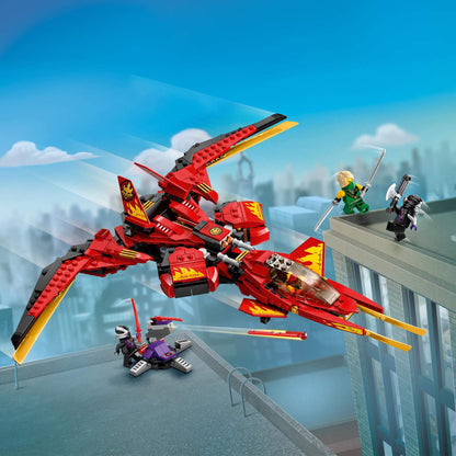 LEGO NINJAGO Legacy Kai Fighter 71704 in action, featuring Kai and Lloyd battling against villains in New NINJAGO City.