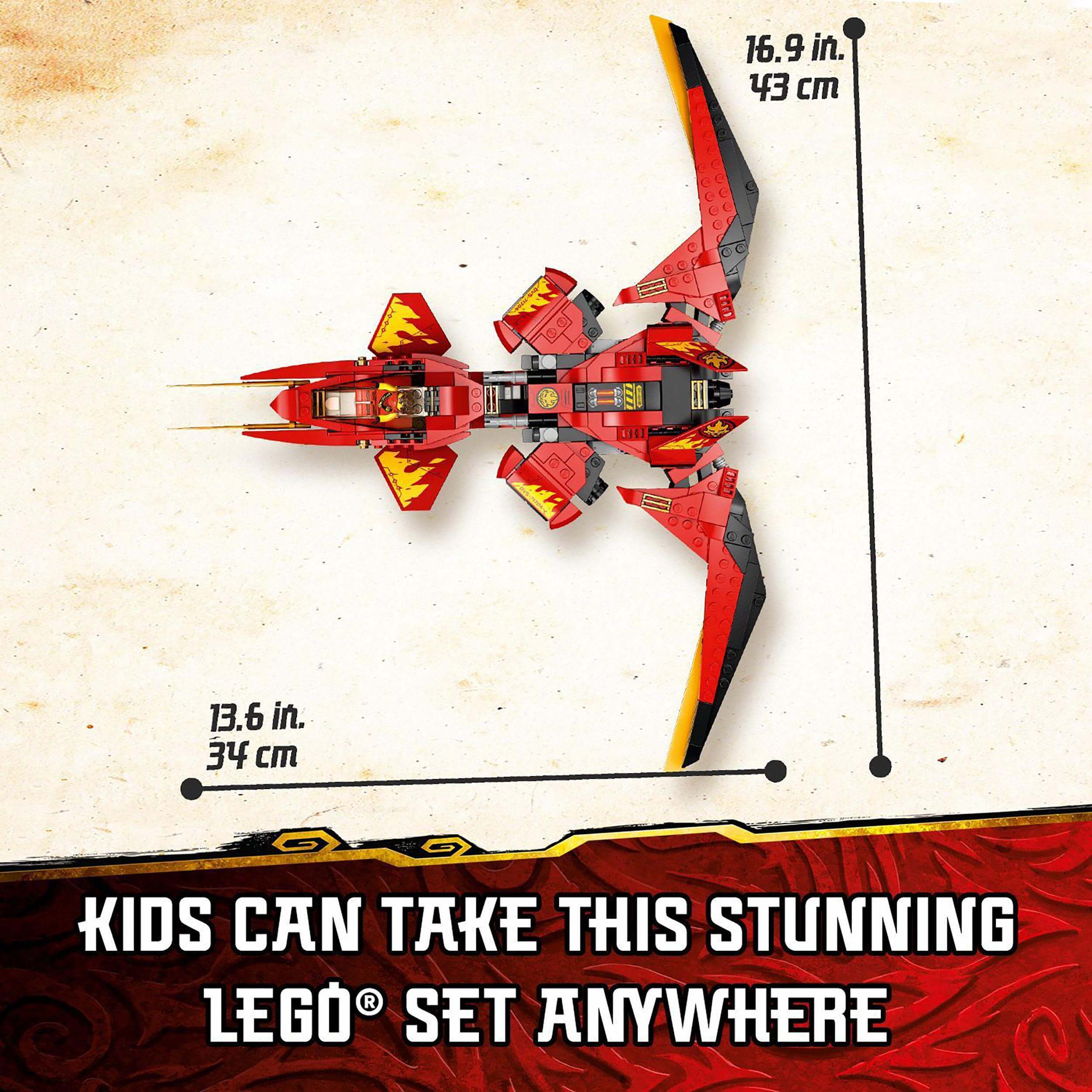 LEGO NINJAGO Legacy Kai Fighter 71704 toy jet displayed with dimensions, ideal for play or display in New NINJAGO City.