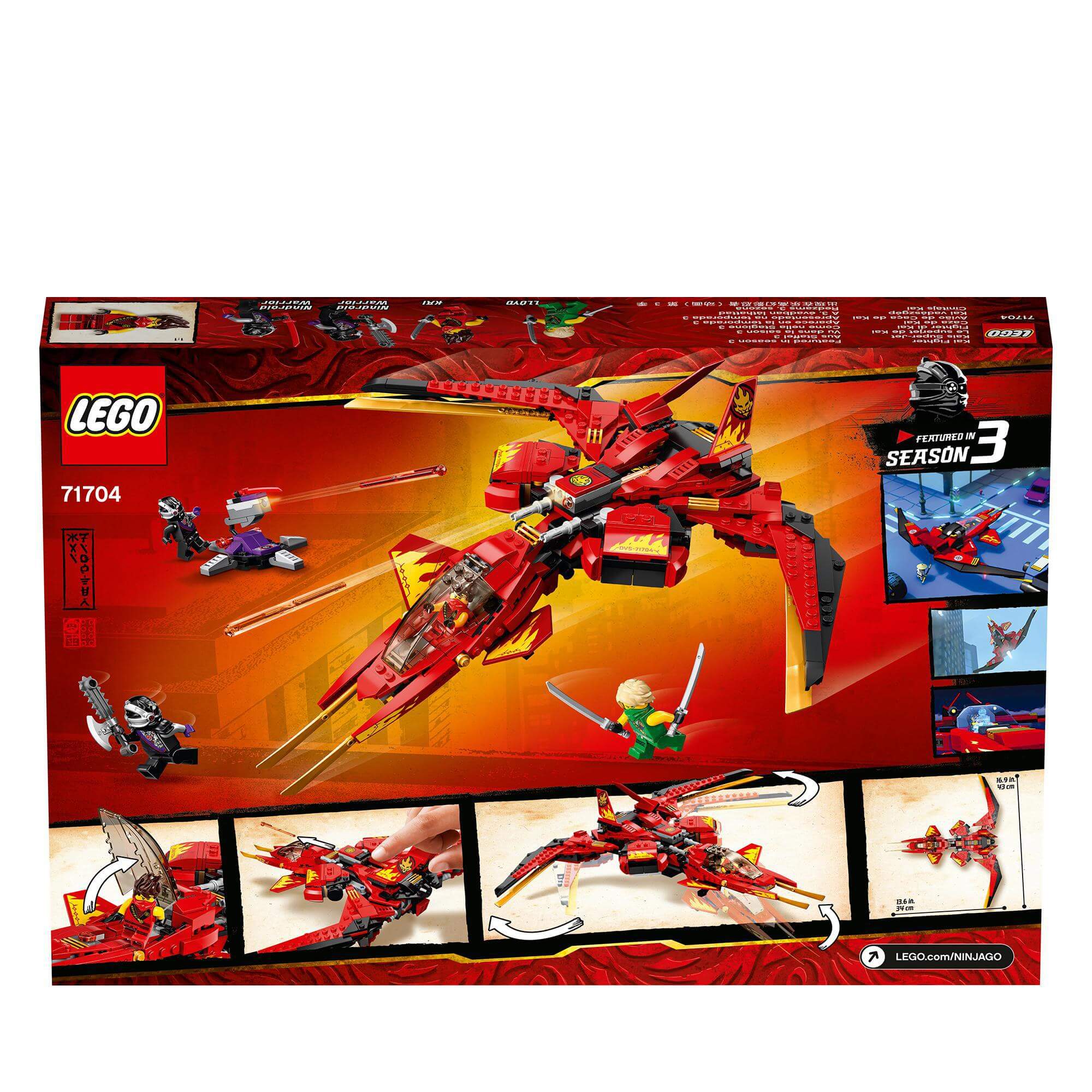 LEGO NINJAGO Legacy Kai Fighter Toy Jet 71704 packaging showcasing action scenes and mini-figures for kids' playtime.