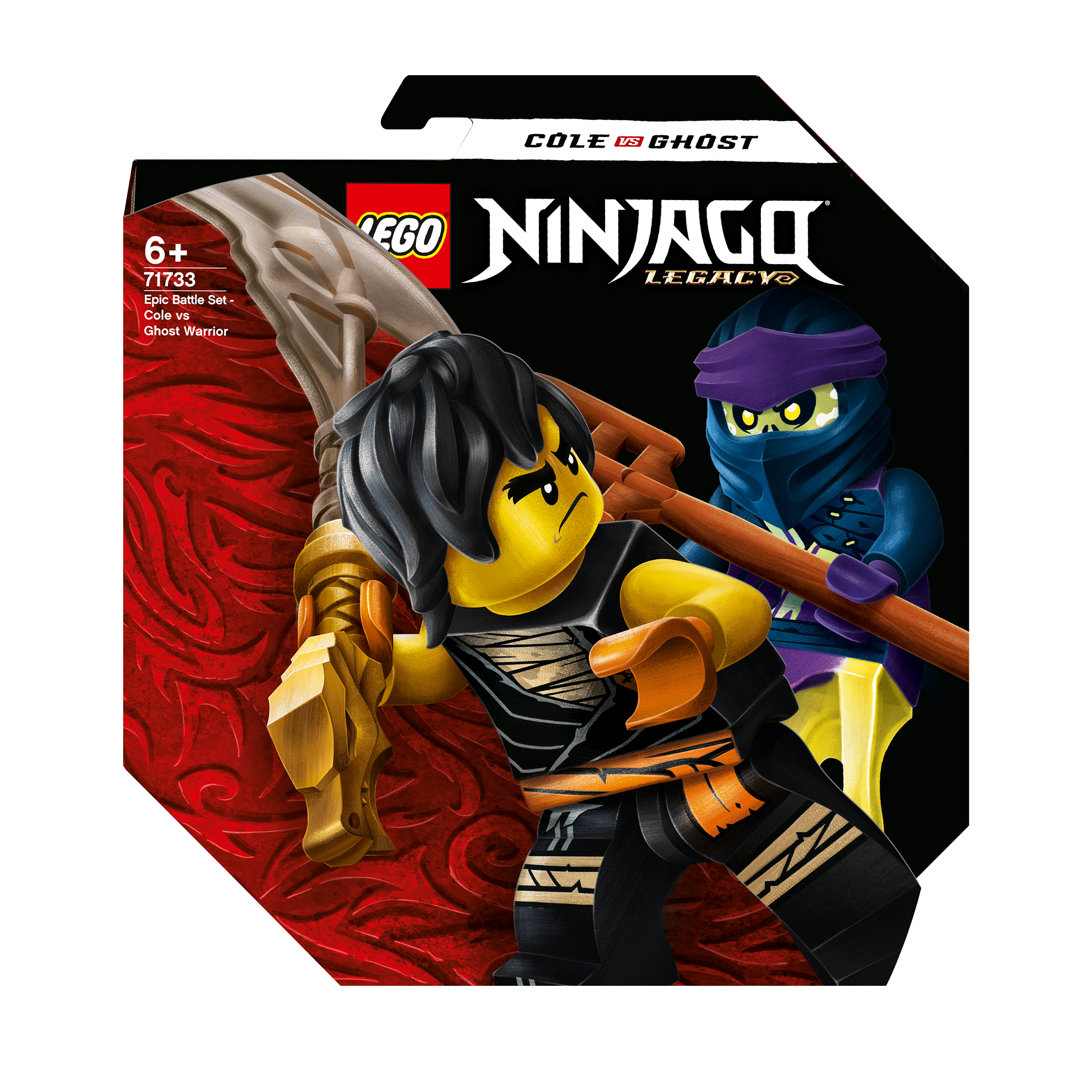 LEGO NINJAGO Epic Battle Set Cole vs. Ghost 71733 featuring ninja hero Cole and Ghost Warrior toy figures.
