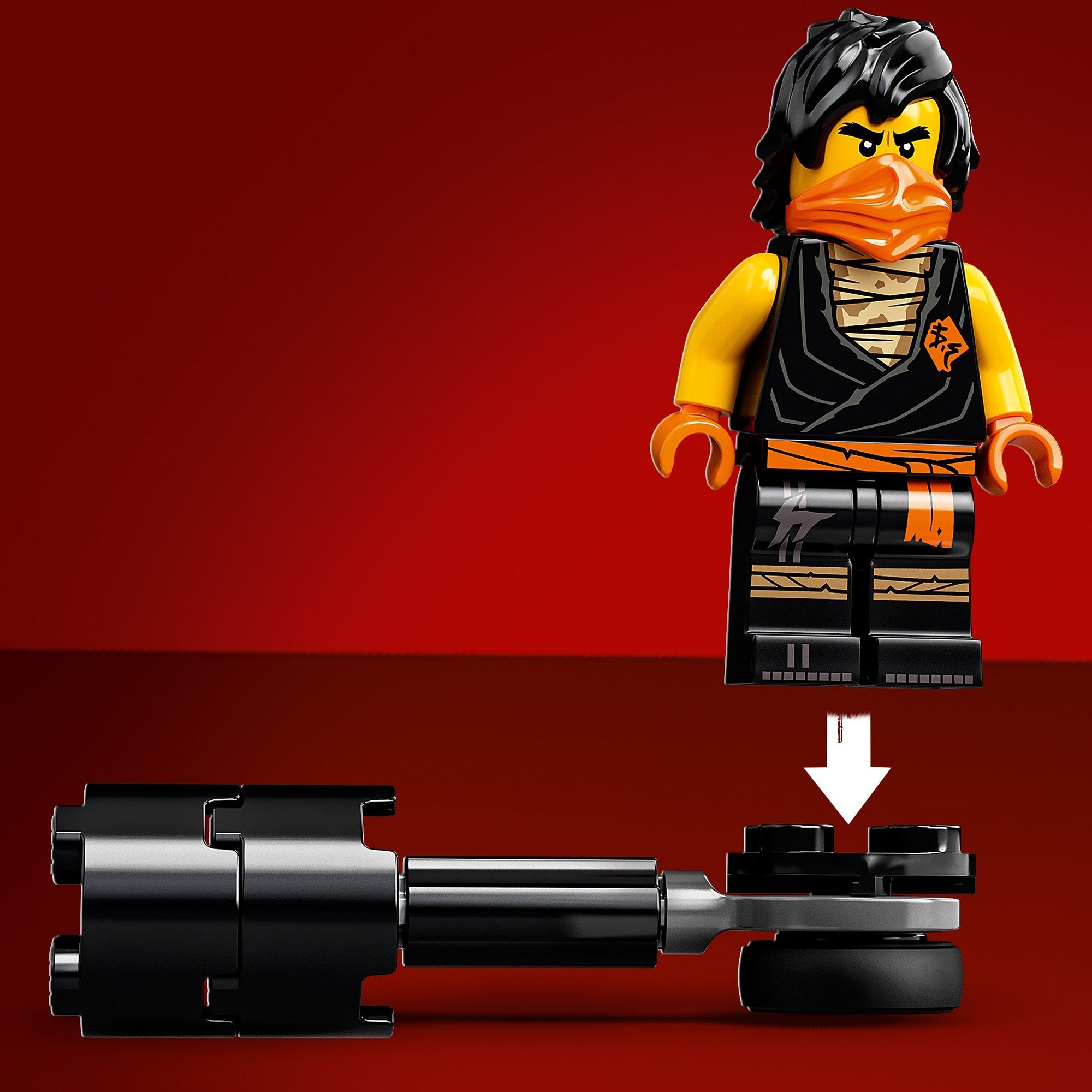 LEGO NINJAGO Cole minifigure with weapon from Epic Battle Set 71733 on a red background.