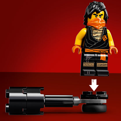 LEGO NINJAGO Cole minifigure with weapon from Epic Battle Set 71733 on a red background.