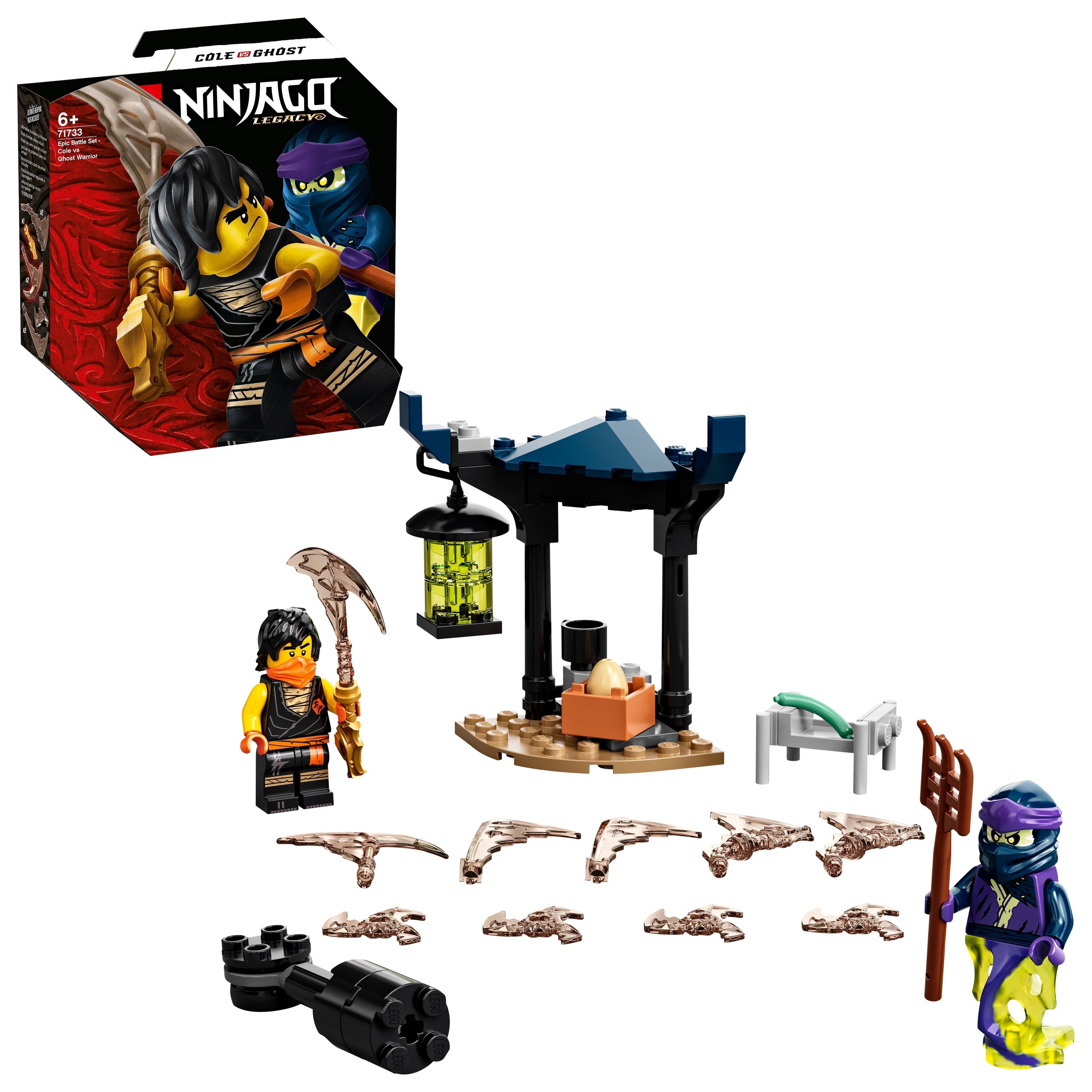 LEGO NINJAGO Epic Battle Set Cole vs. Ghost 71733 with ninja figures and battle accessories for kids.