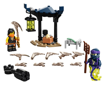 LEGO NINJAGO Epic Battle Set featuring Cole and Ghost Warrior with accessories and battle scene elements.