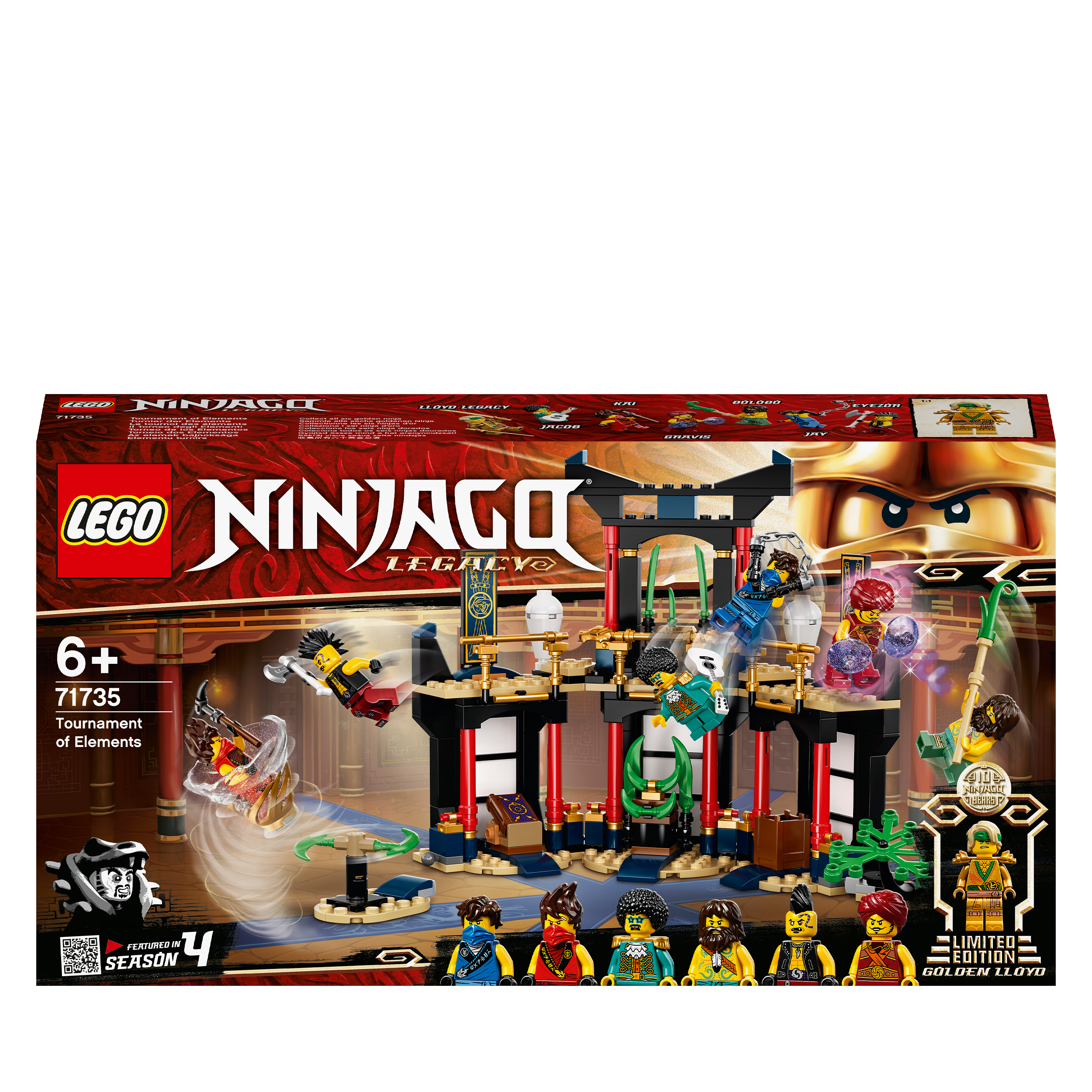 LEGO NINJAGO Legacy Tournament of Elements Set 71735 with minifigures and weapons for ninja battles.