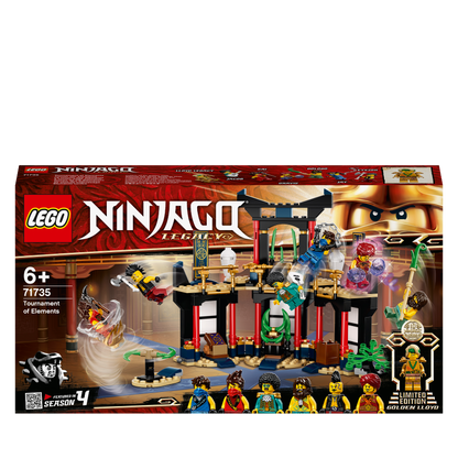 LEGO NINJAGO Legacy Tournament of Elements Set 71735 with minifigures and weapons for ninja battles.