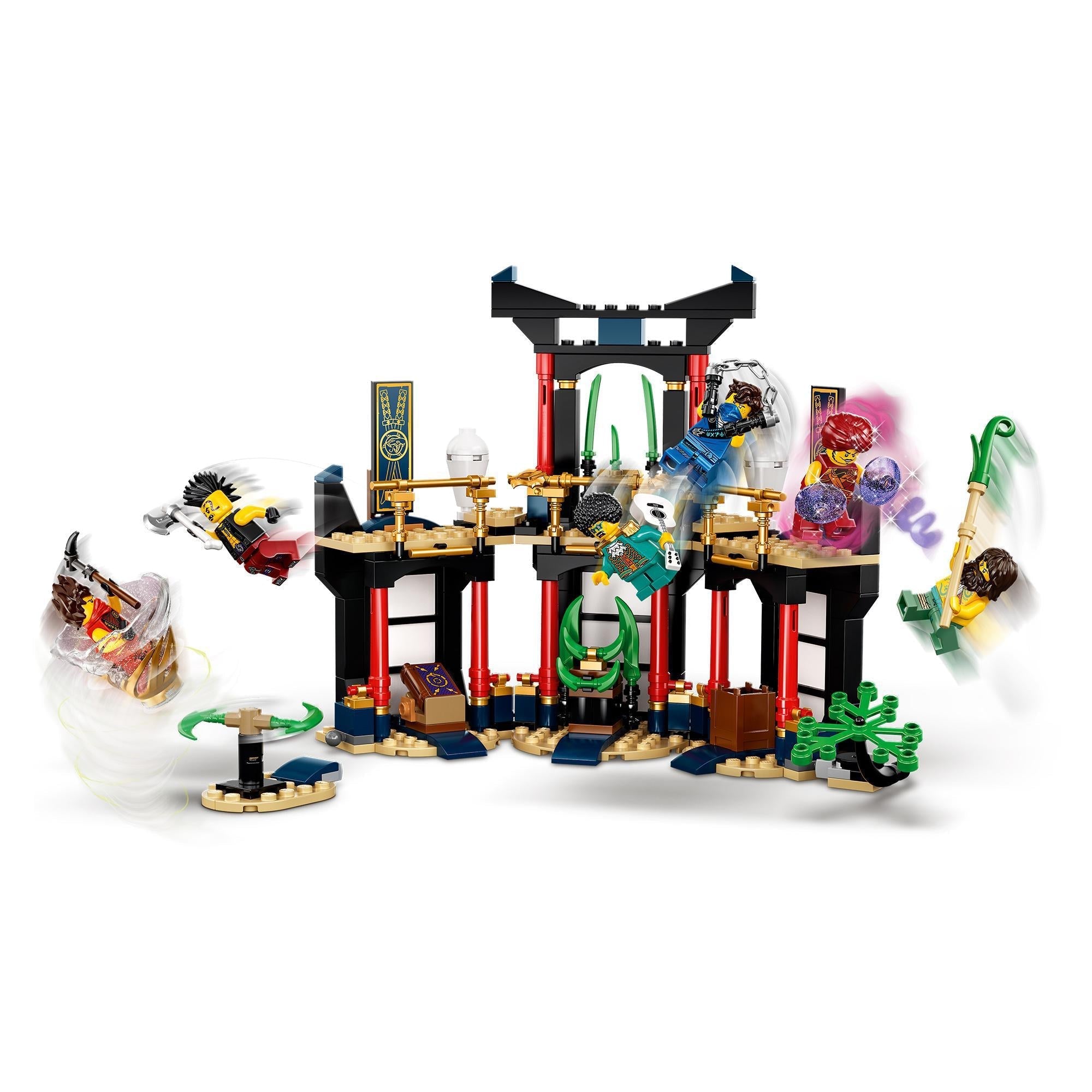 LEGO NINJAGO Legacy Tournament of Elements Set 71735 with minifigures in action at a temple, perfect for ninja battles.