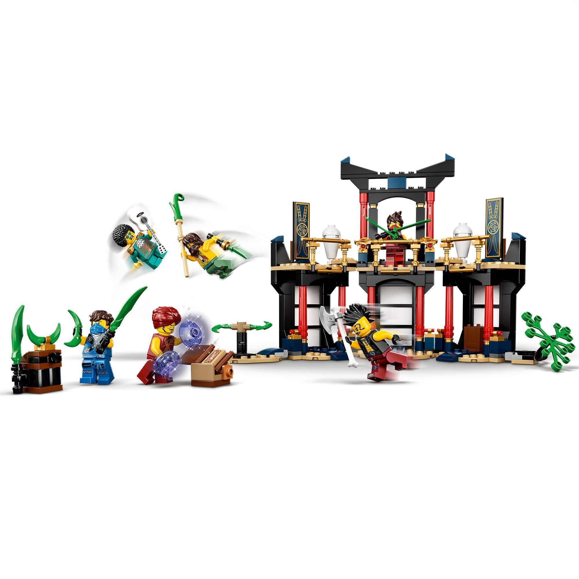 LEGO NINJAGO Legacy Tournament of Elements Set 71735 with minifigures and weapons in a detailed temple scene.