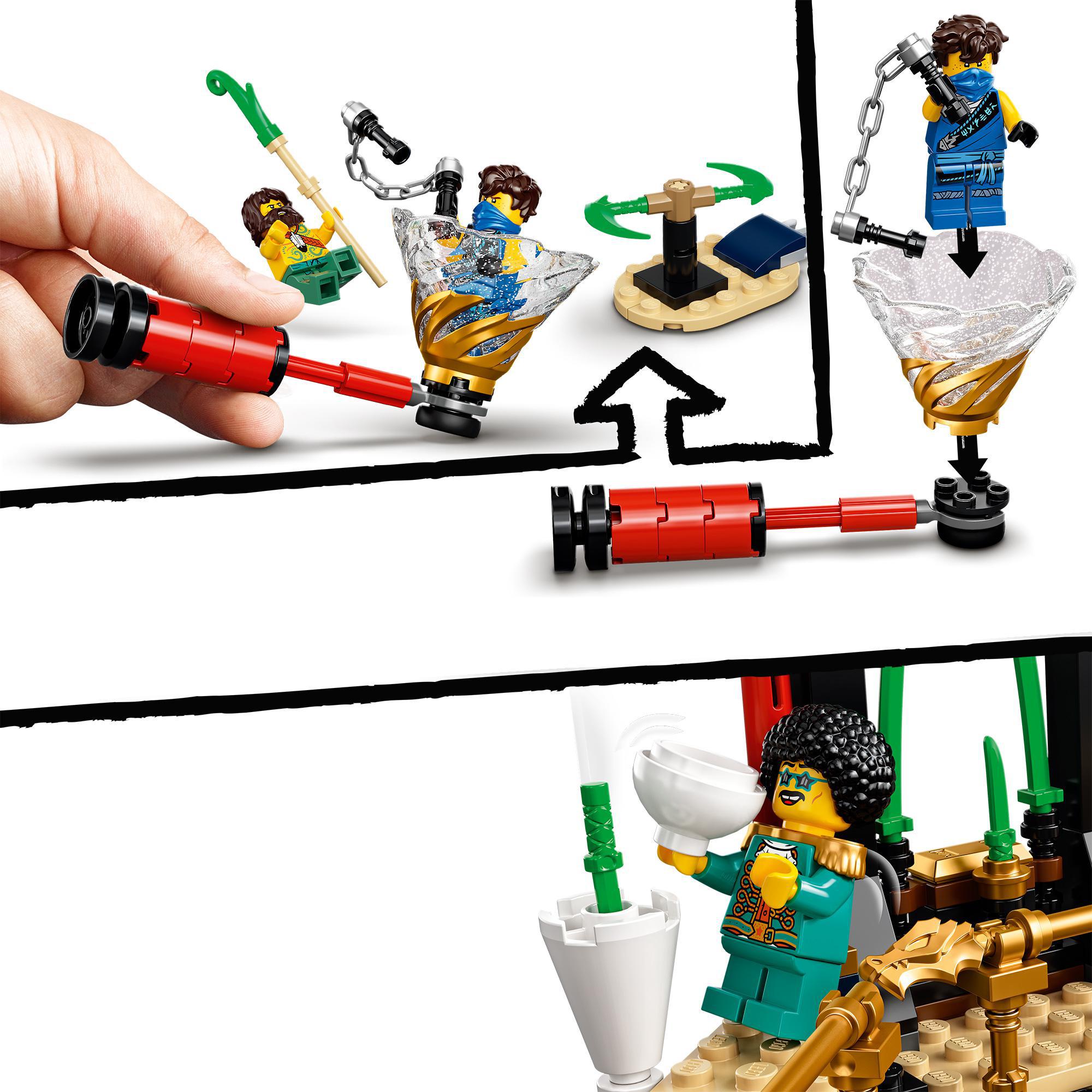 LEGO NINJAGO Legacy Tournament of Elements set showing minifigures and spinning elements in exciting battle action.