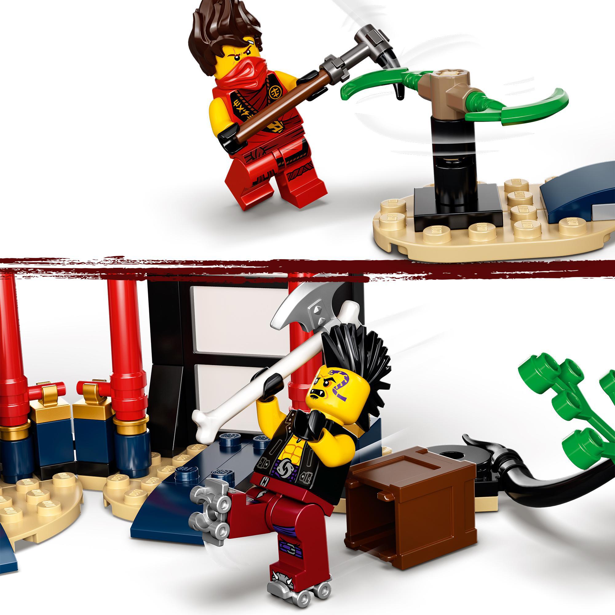 LEGO NINJAGO Legacy Tournament of Elements set with minifigures in action, showcasing ninja battles and skills.