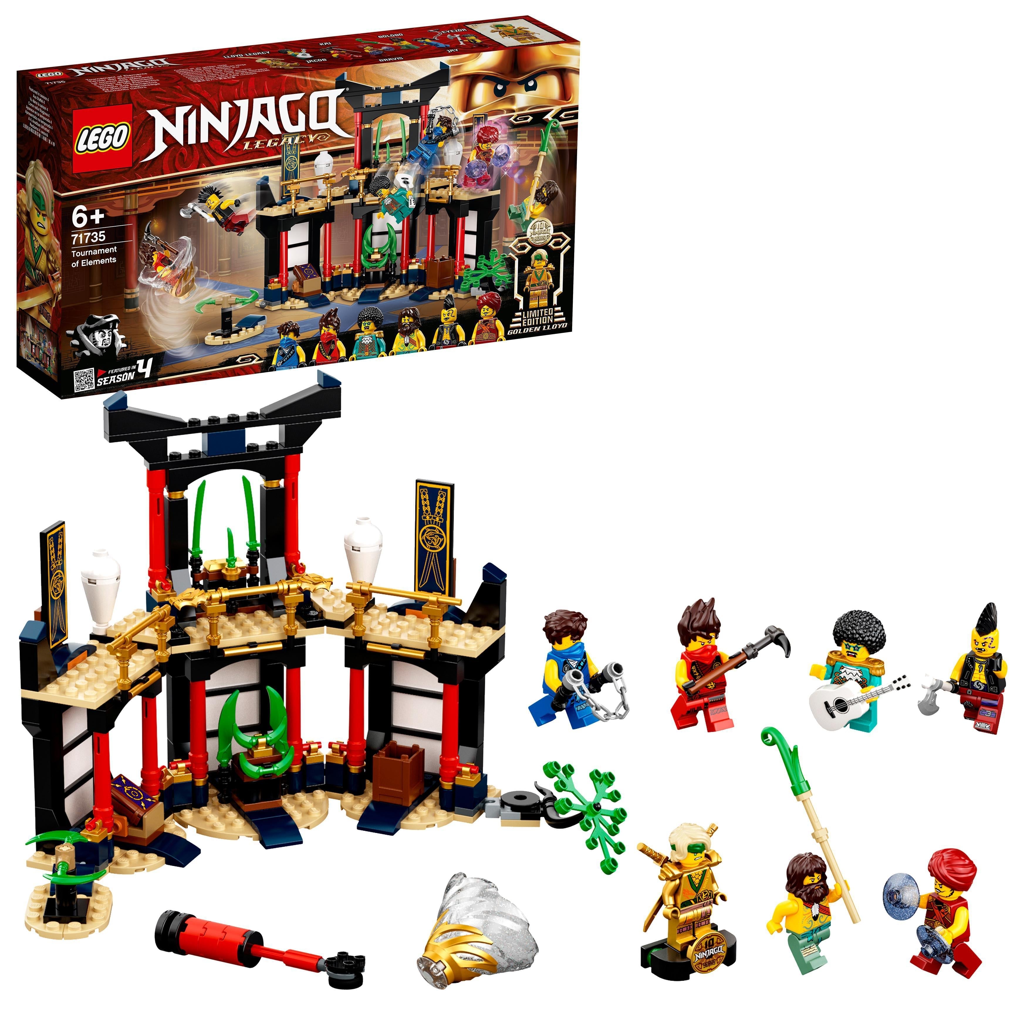 LEGO NINJAGO Legacy Tournament of Elements Set 71735 with minifigures and weapons for creative play.