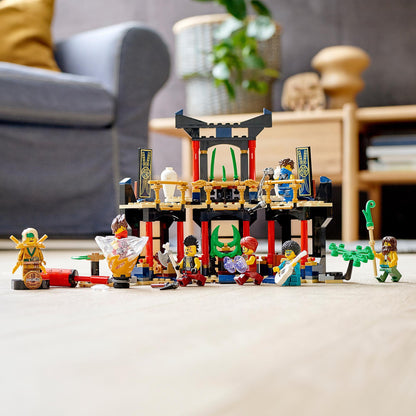 LEGO NINJAGO Legacy Tournament of Elements Set 71735 with minifigures and detailed temple for imaginative play.