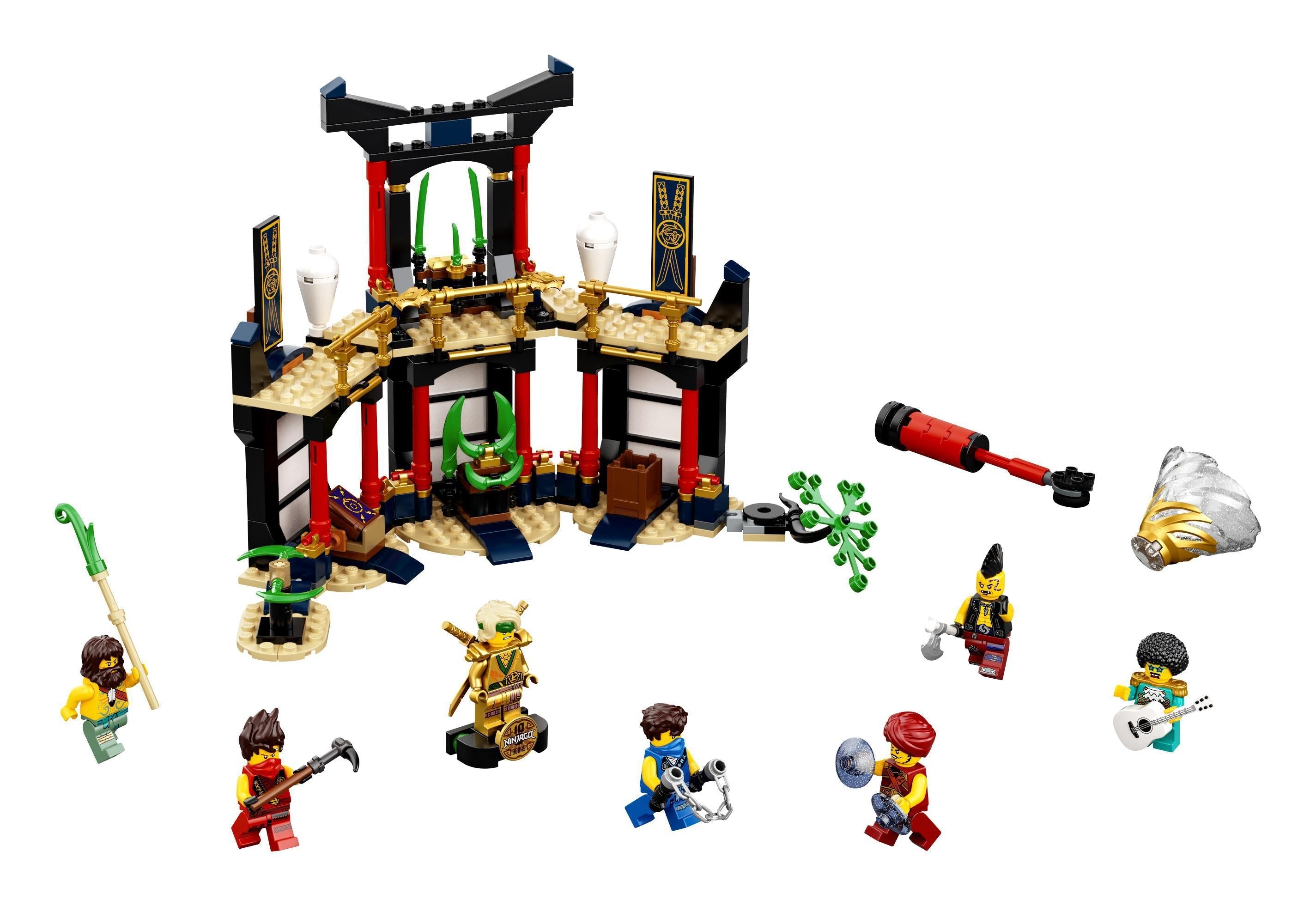 LEGO® NINJAGO Legacy Tournament of Elements Set 71735 with minifigures, weapons, and a temple for ninja battles.