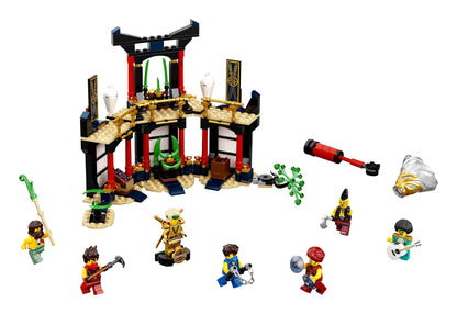 LEGO® NINJAGO Legacy Tournament of Elements Set 71735 with minifigures, weapons, and a temple for ninja battles.