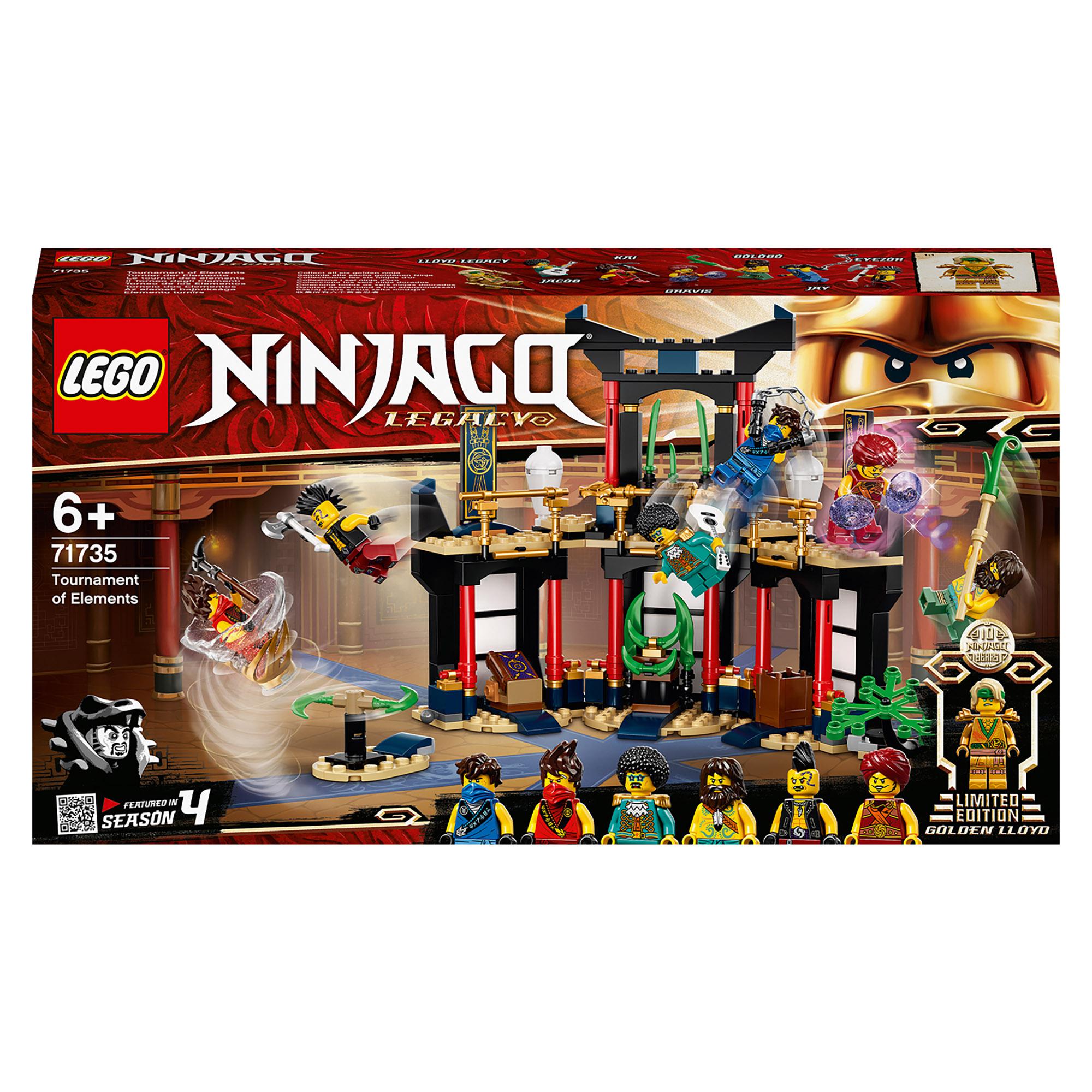 LEGO NINJAGO Legacy Tournament of Elements Set 71735 featuring minifigures and ninja weapons for battle play.