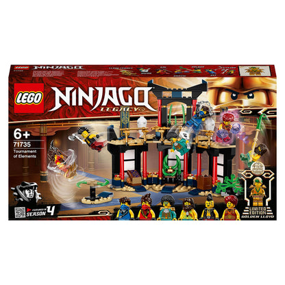 LEGO NINJAGO Legacy Tournament of Elements Set 71735 featuring minifigures and ninja weapons for battle play.