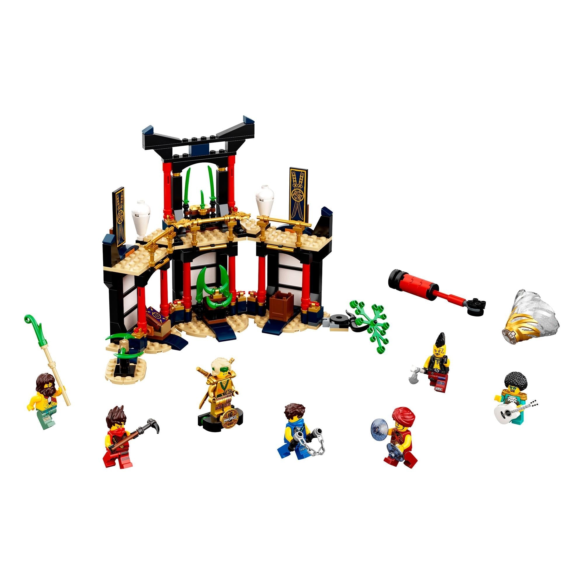 LEGO NINJAGO Legacy Tournament of Elements Set 71735 with minifigures, weapons, and detailed temple design for roleplay.