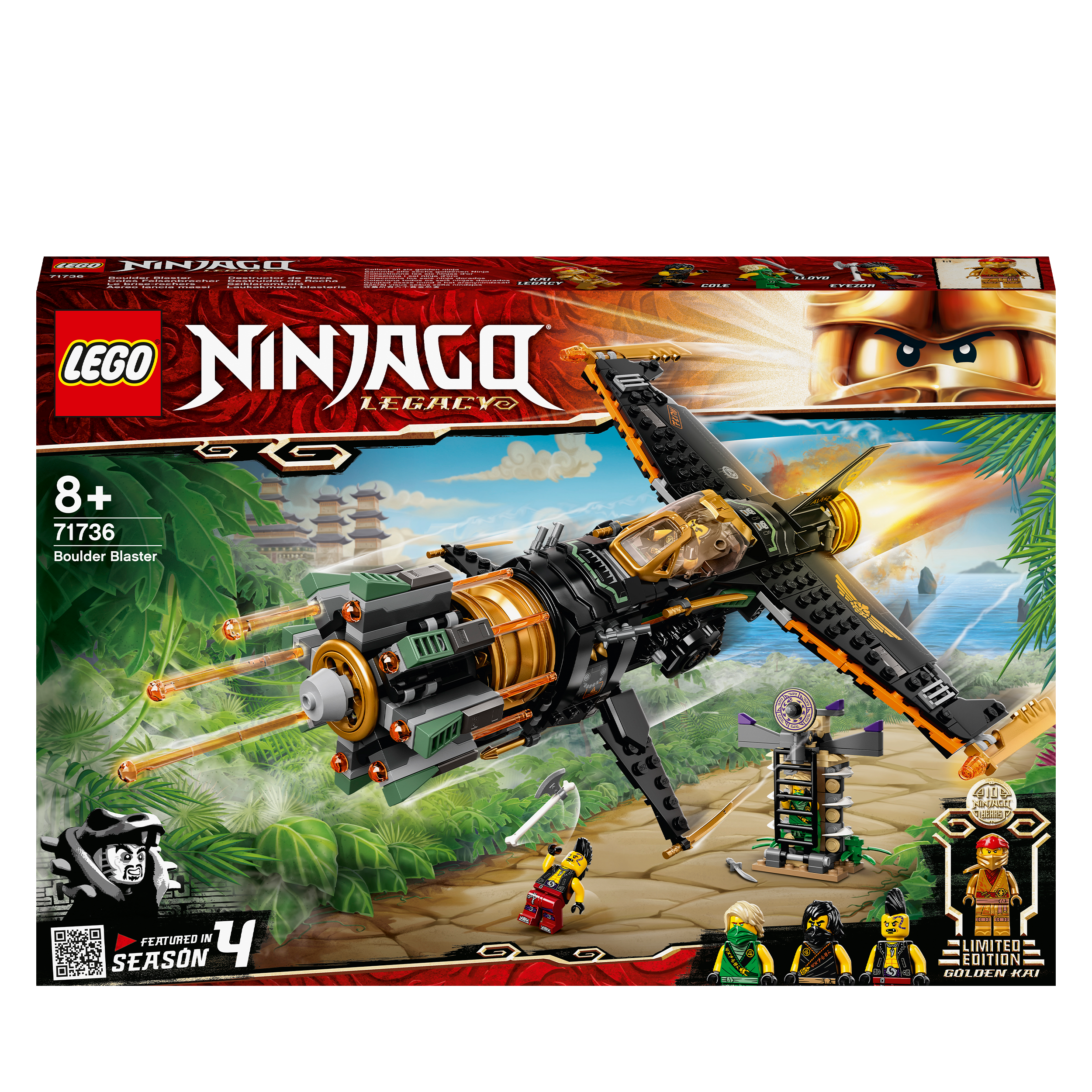 LEGO NINJAGO Legacy Boulder Blaster Set 71736 with shooting airplane and ninja figures for imaginative play.