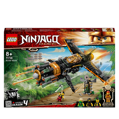 LEGO NINJAGO Legacy Boulder Blaster Set 71736 with shooting airplane and ninja figures for imaginative play.