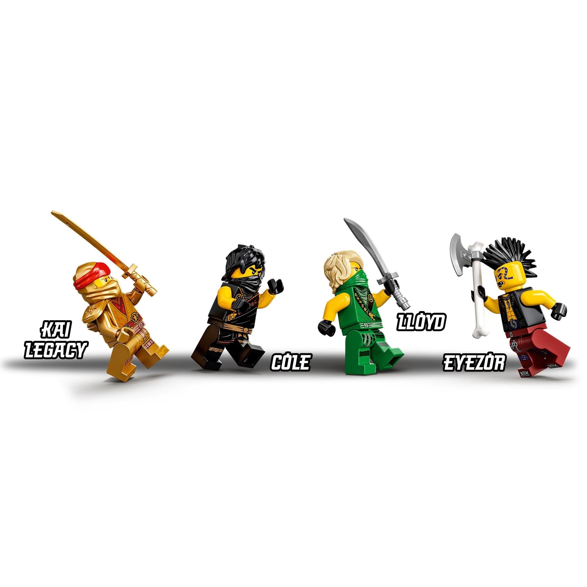 LEGO NINJAGO Legacy minifigures: Kai, Cole, Lloyd, and Eyezor ready for imaginative ninja adventures.