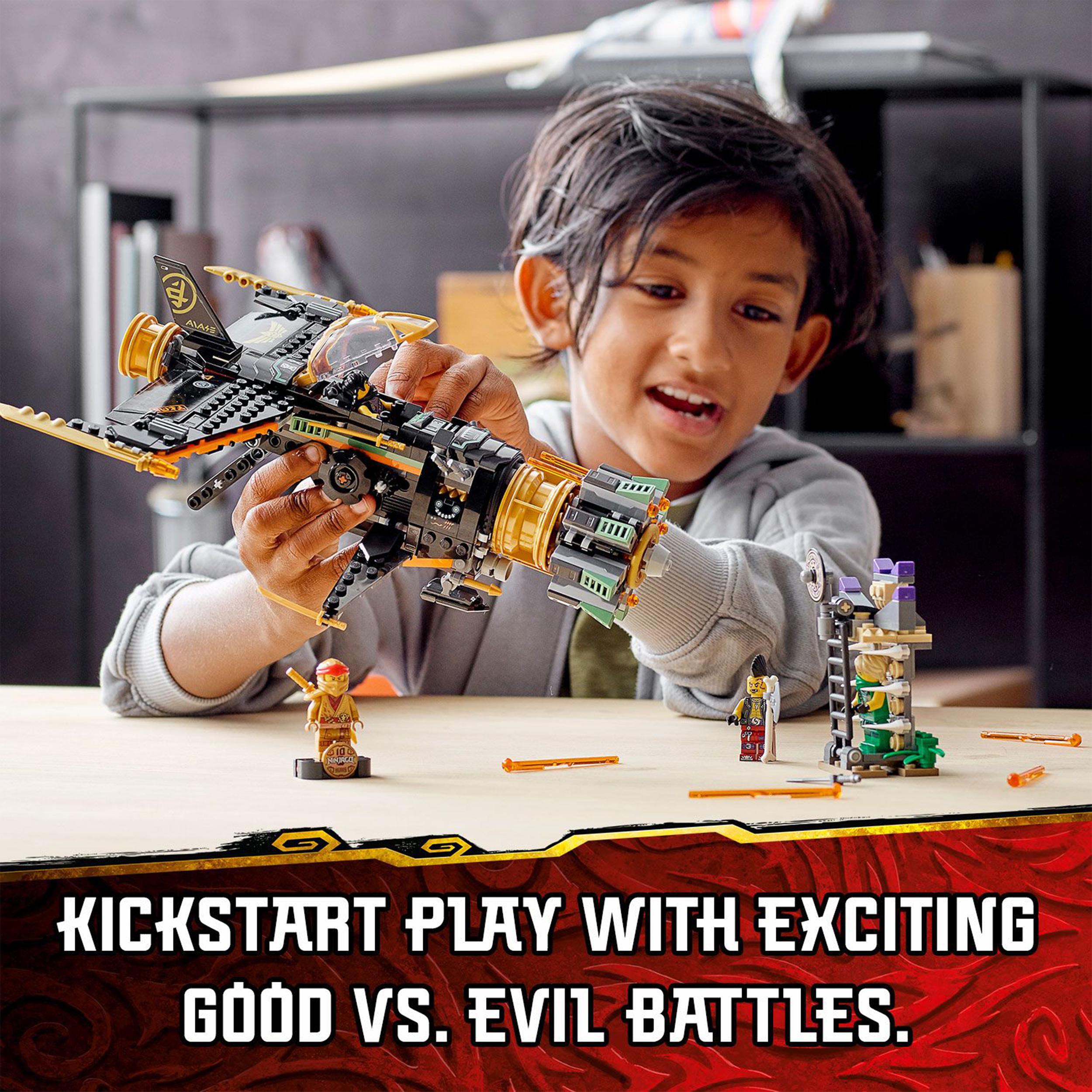 Child playing with LEGO NINJAGO Boulder Blaster set, engaging in imaginative good vs evil battles.