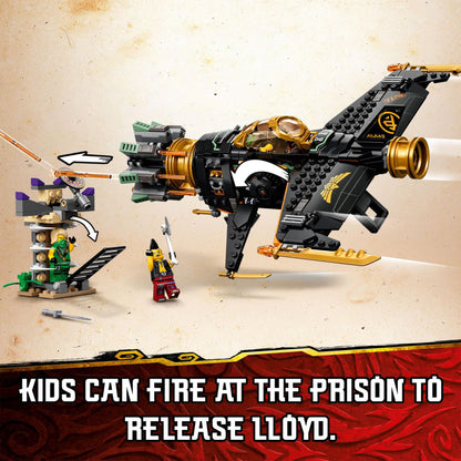 LEGO NINJAGO Boulder Blaster set 71736, featuring a shooting airplane and prison to free Lloyd for kids' play.