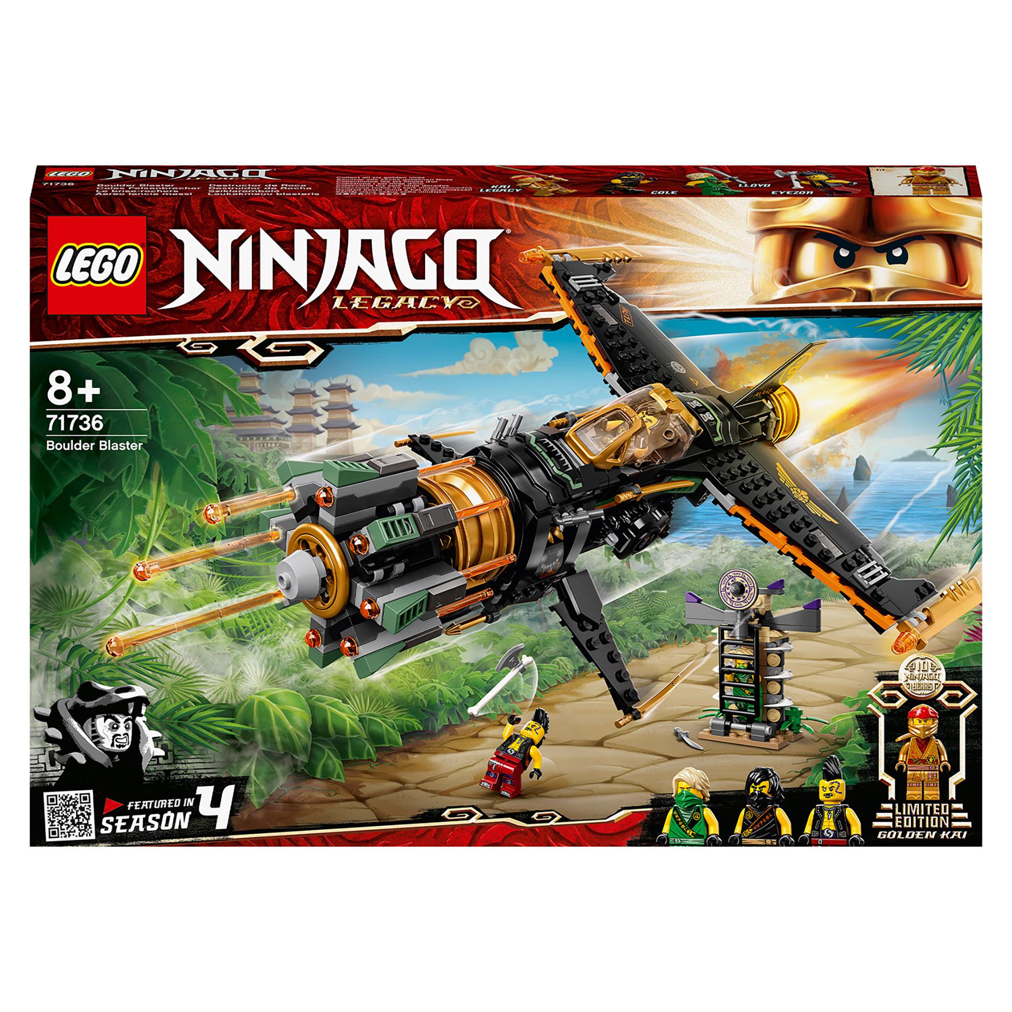 LEGO NINJAGO Legacy Boulder Blaster Set 71736 with shooting airplane and ninja characters for creative play.
