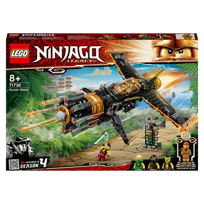 LEGO NINJAGO Legacy Boulder Blaster Set 71736 with shooting airplane and ninja characters for creative play.