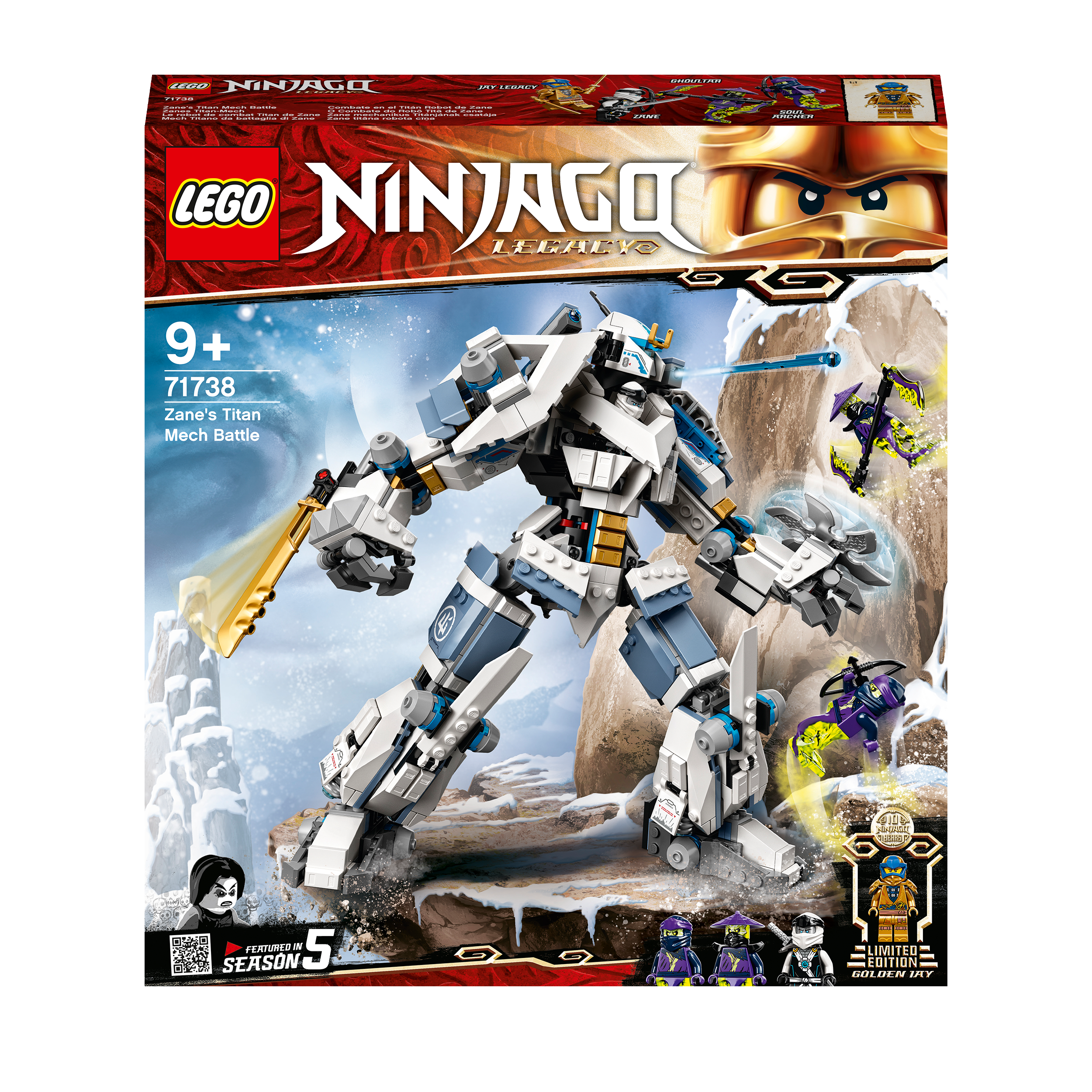 LEGO Ninjago Legacy Zane's Titan Mech Toy 71738 packaging, featuring a dynamic mech and ninja figures for adventure.