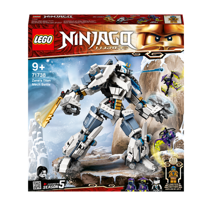 LEGO Ninjago Legacy Zane's Titan Mech Toy 71738 packaging, featuring a dynamic mech and ninja figures for adventure.