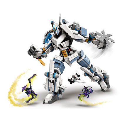 LEGO NINJAGO Zane's Titan Mech toy 71738 with ninjas in action, promoting dynamic play and creativity.