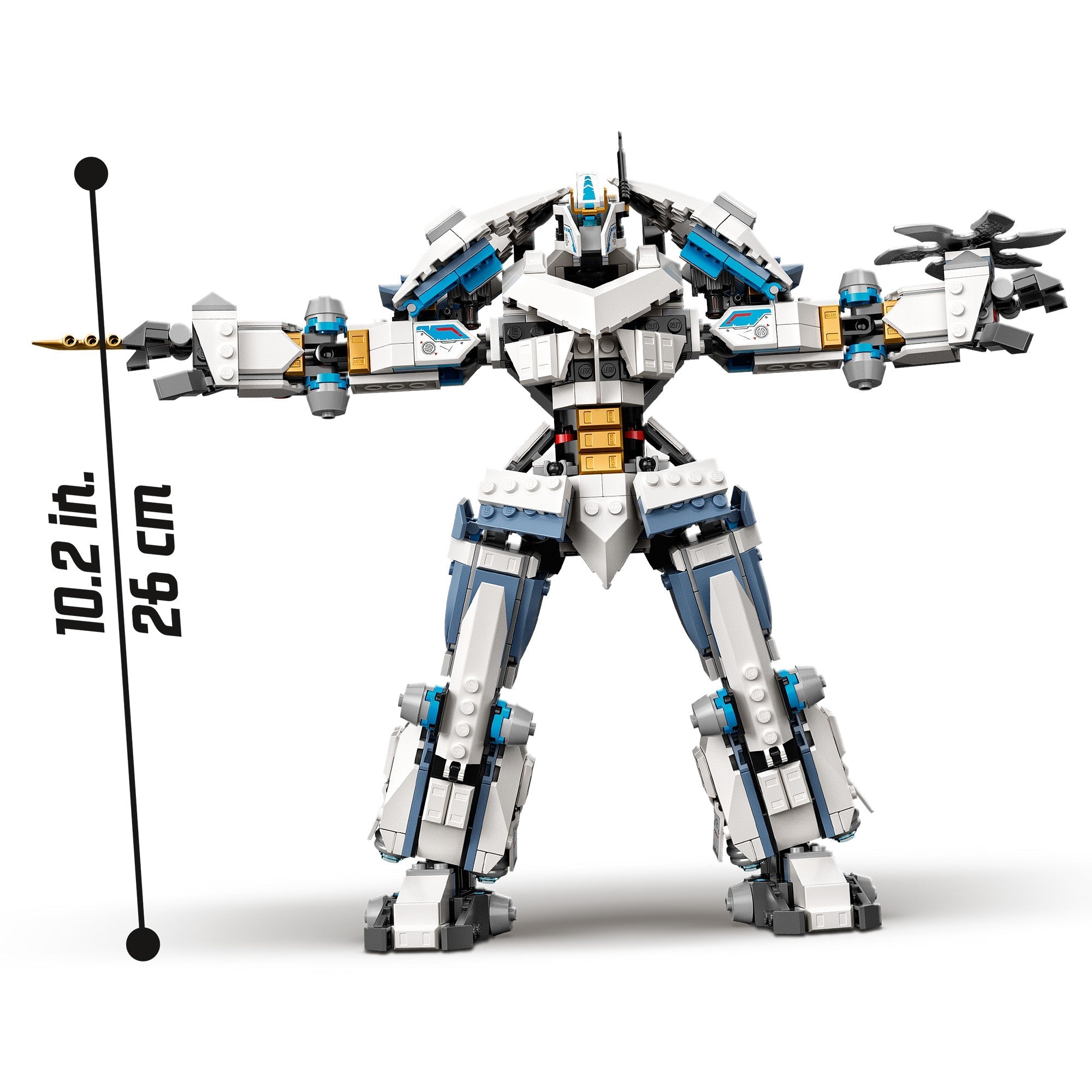 LEGO NINJAGO Zane’s Titan Mech 71738, a highly posable building toy measuring 10.2 in, perfect for ninja adventures.
