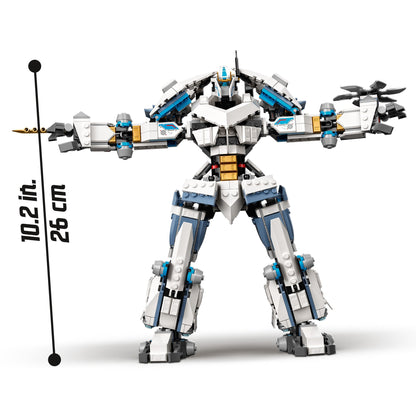 LEGO NINJAGO Zane’s Titan Mech 71738, a highly posable building toy measuring 10.2 in, perfect for ninja adventures.