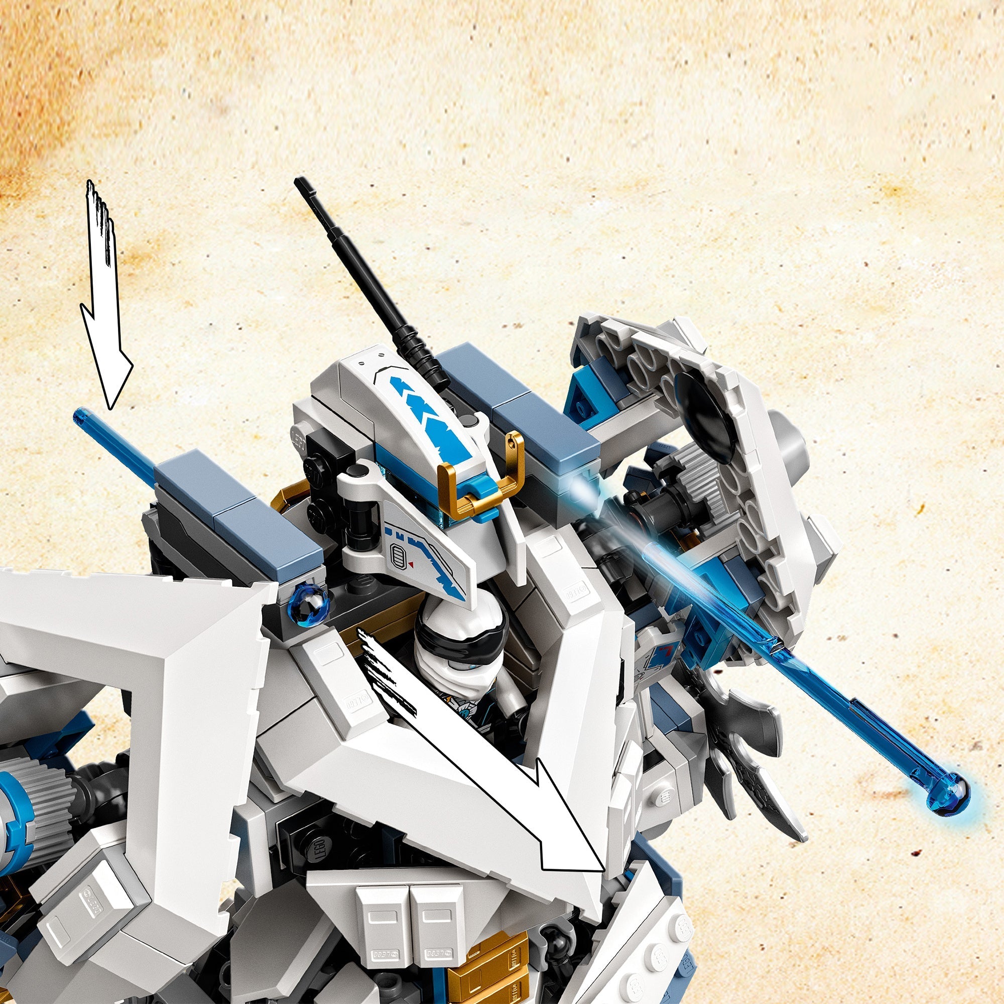 Close-up view of LEGO® NINJAGO Zane’s Titan Mech Toy 71738, highlighting its posable features and dynamic design.
