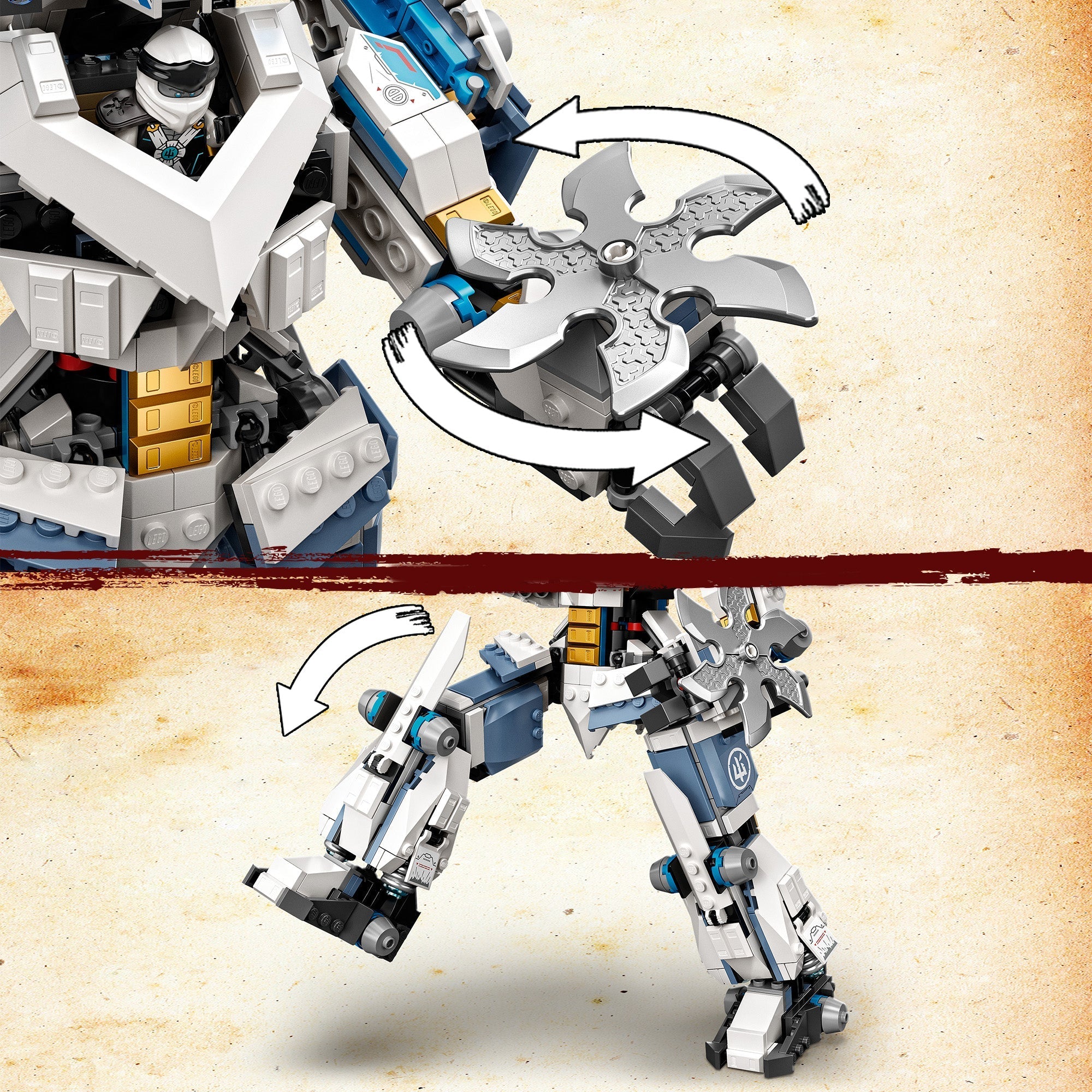 LEGO NINJAGO Legacy Zane’s Titan Mech 71738 features posable limbs and a spinning shuriken weapon for dynamic play.