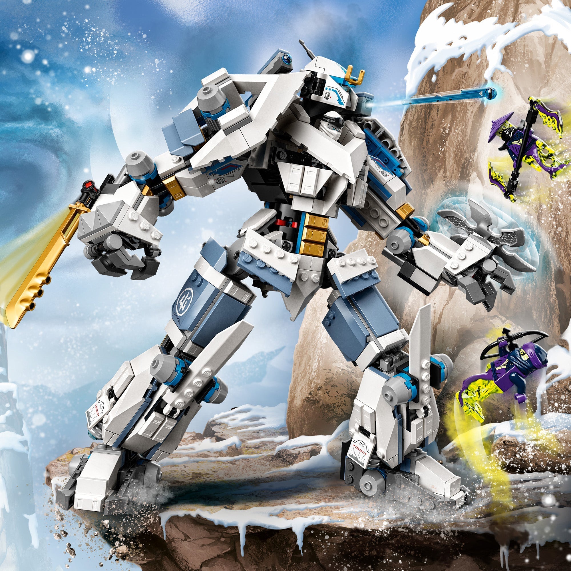 LEGO NINJAGO Zane’s Titan Mech 71738 battling in a snowy landscape with ninjas for epic adventures.