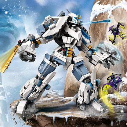 LEGO NINJAGO Zane’s Titan Mech 71738 battling in a snowy landscape with ninjas for epic adventures.