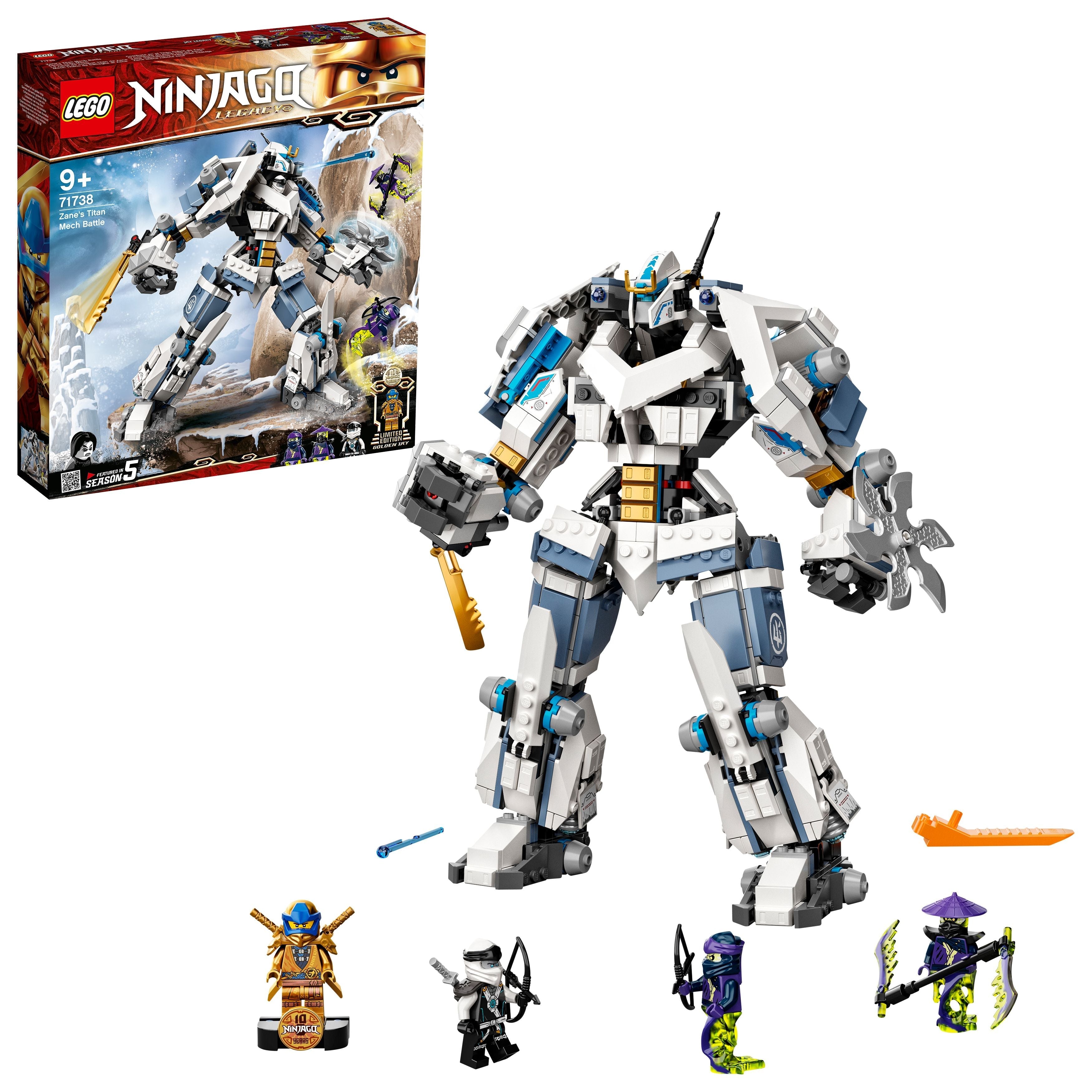 LEGO NINJAGO Zane's Titan Mech toy set 71738 with minifigures, ideal for ninja-themed adventures and play.
