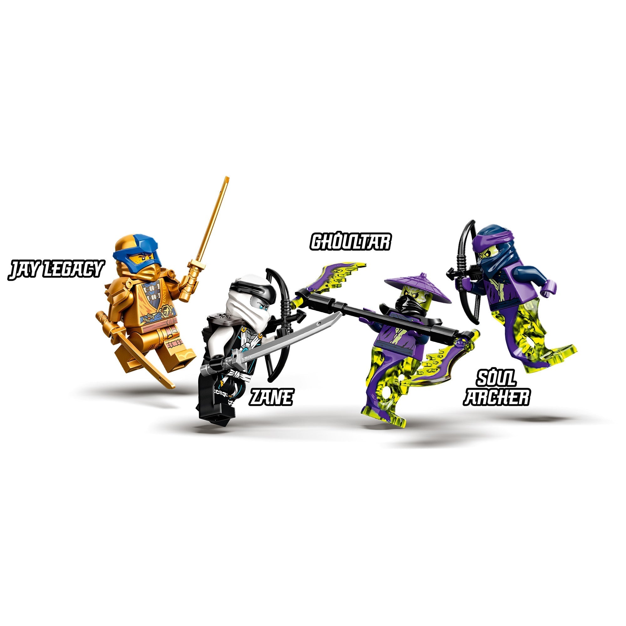 LEGO® NINJAGO characters Jay Legacy, Zane, Ghoul Tar, and Soul Archer posing for ninja adventures.
