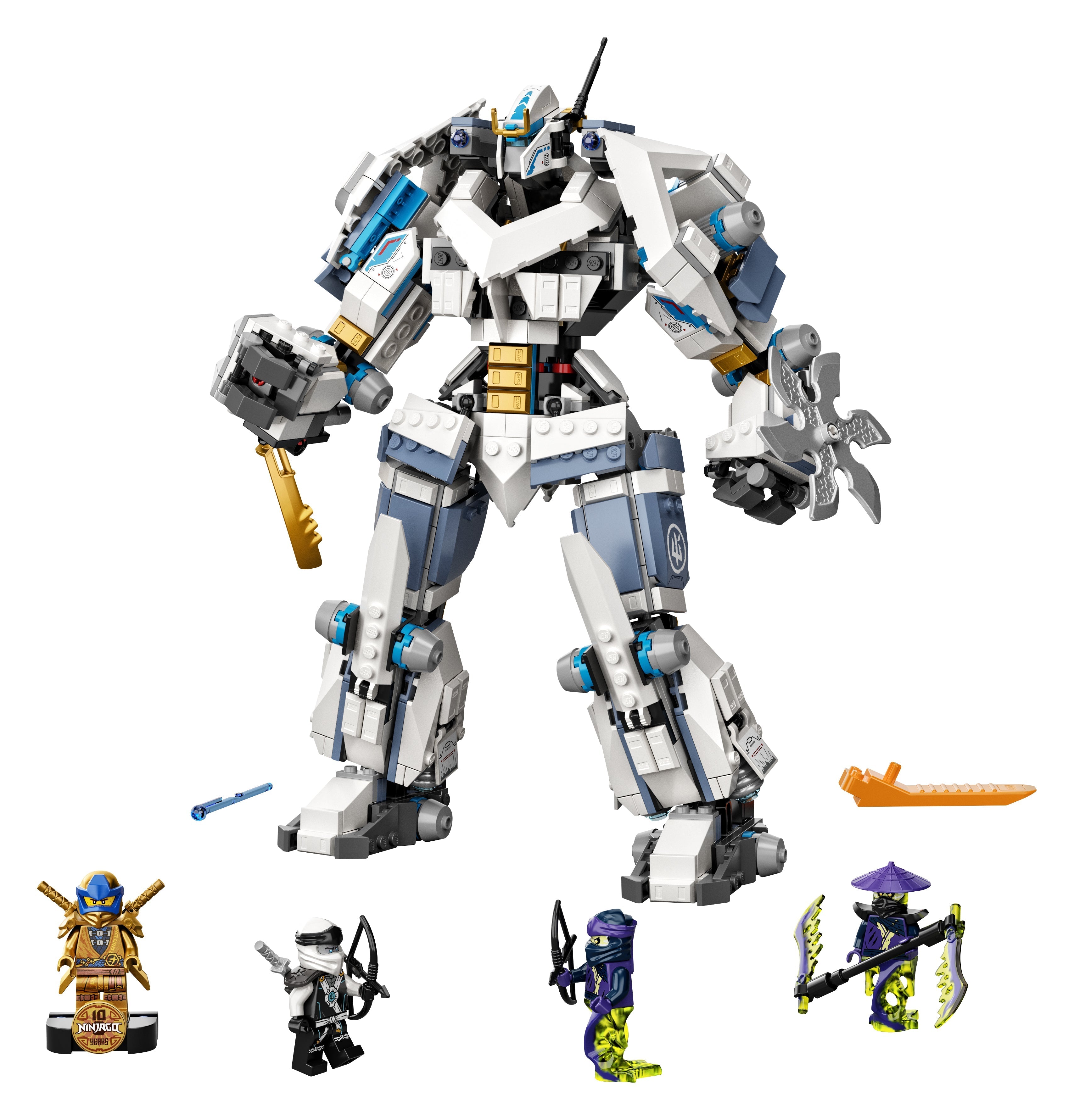 LEGO NINJAGO Legacy Zane’s Titan Mech 71738 with posable mech and ninja minifigures for battle adventures.