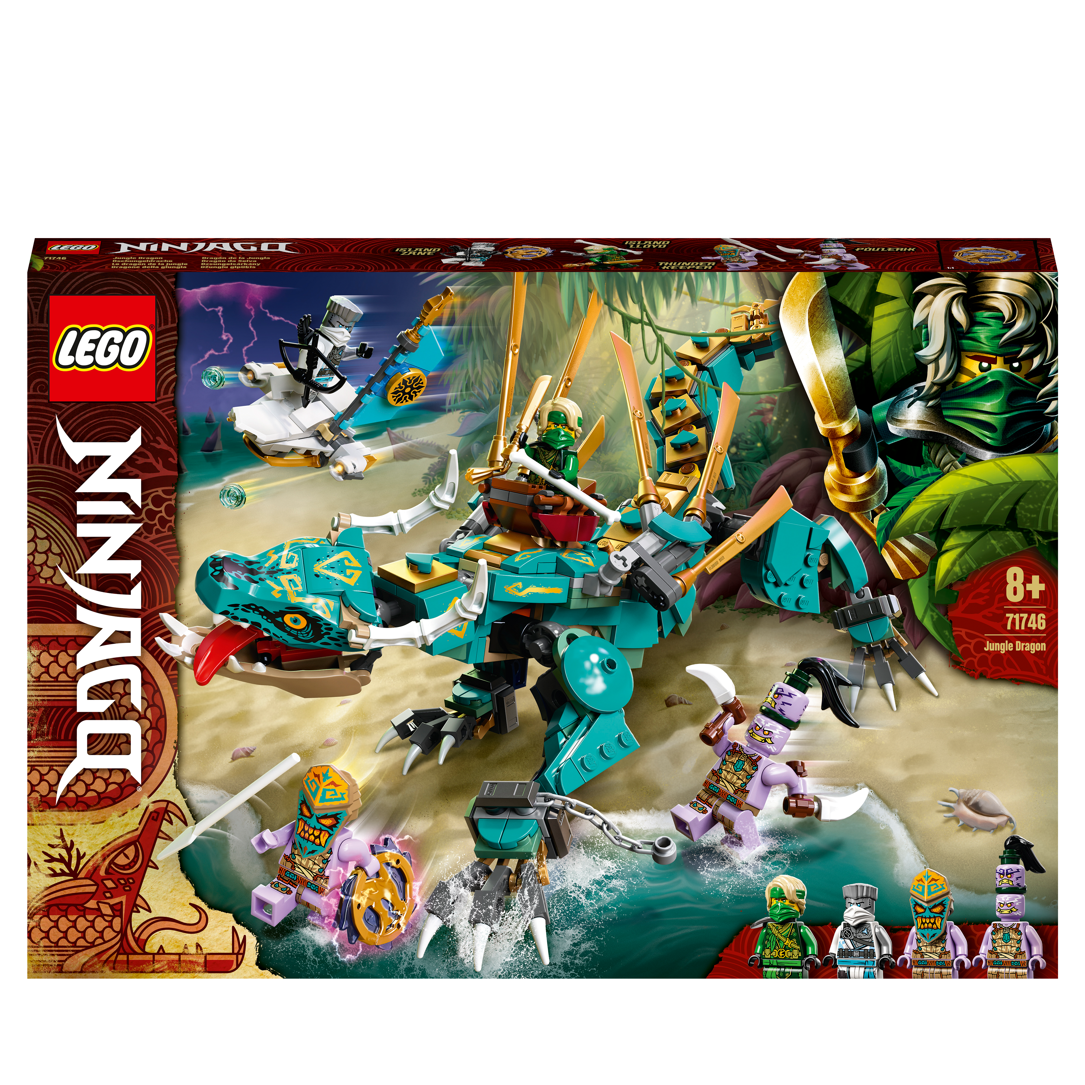LEGO® NINJAGO Jungle Dragon toy set 71746 featuring a dragon and four minifigures in a vibrant island scene.
