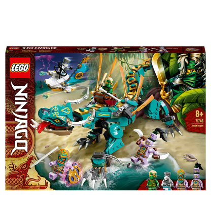 LEGO® NINJAGO Jungle Dragon toy set 71746 featuring a dragon and four minifigures in a vibrant island scene.