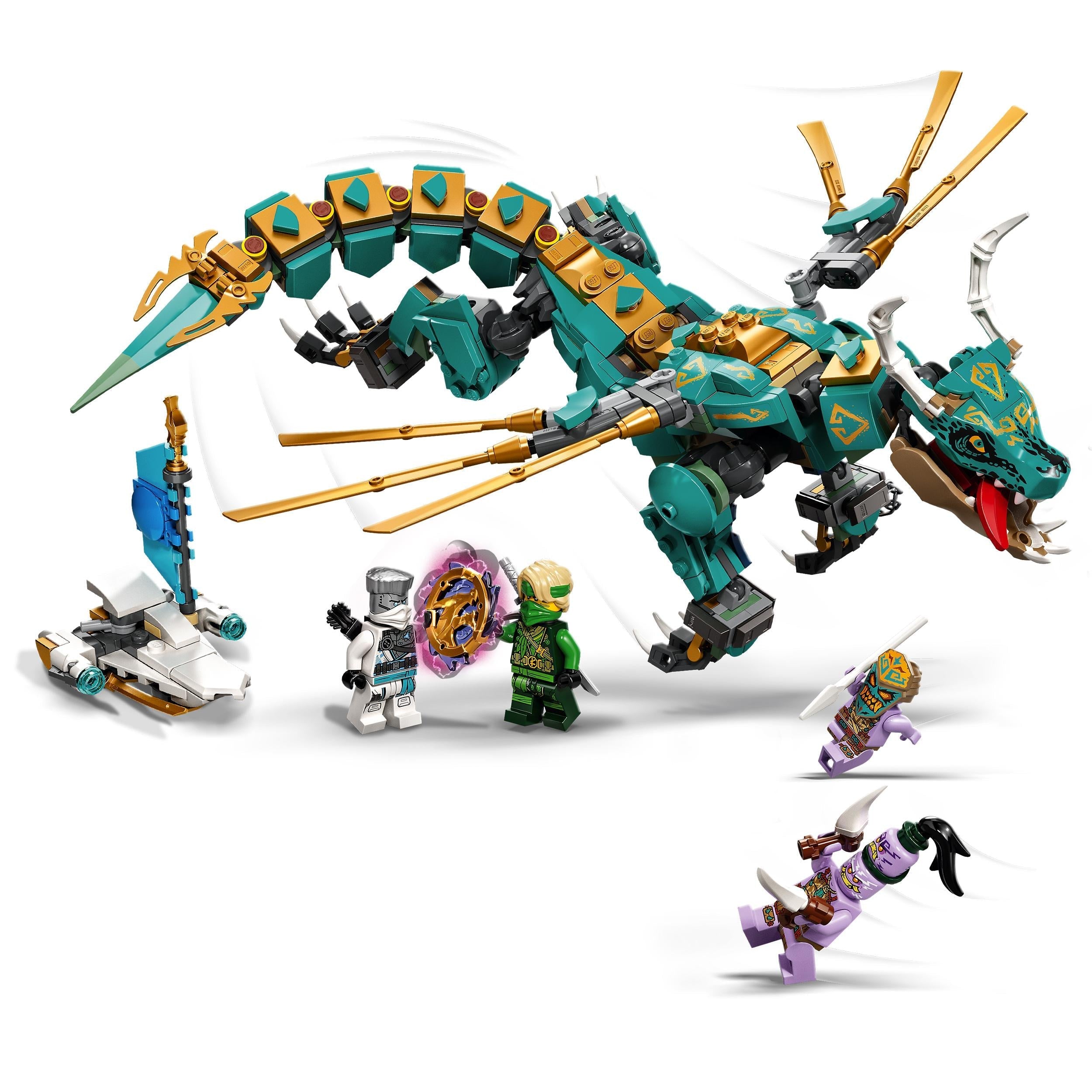 LEGO® NINJAGO Jungle Dragon toy set 71746 featuring a posable dragon and four minifigures for exciting adventures.
