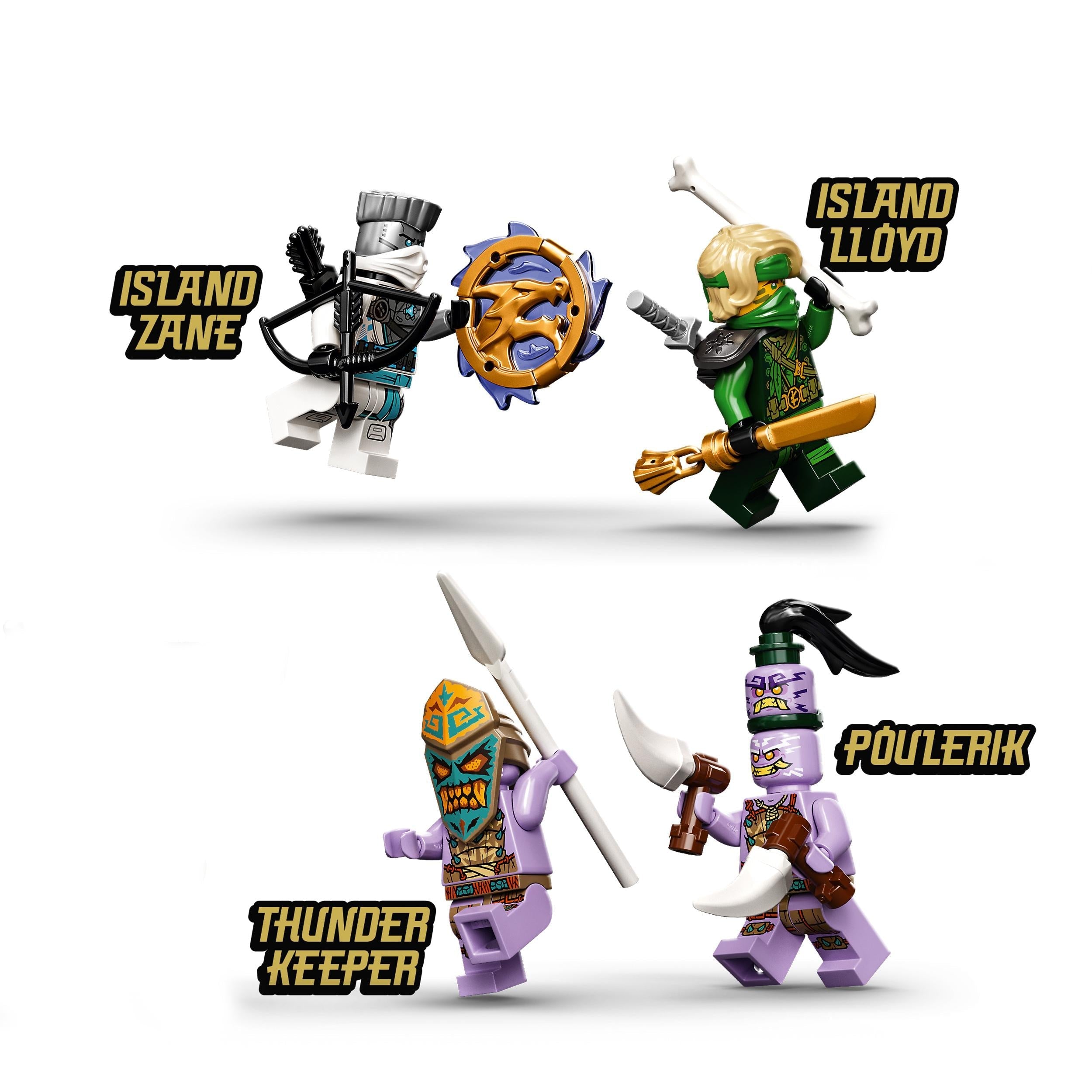 LEGO® NINJAGO Jungle Dragon set featuring Island Zane, Island Lloyd, Thunder Keeper, and Poulerik minifigures.