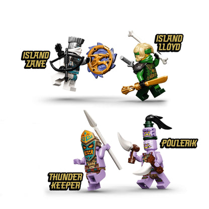 LEGO® NINJAGO Jungle Dragon set featuring Island Zane, Island Lloyd, Thunder Keeper, and Poulerik minifigures.