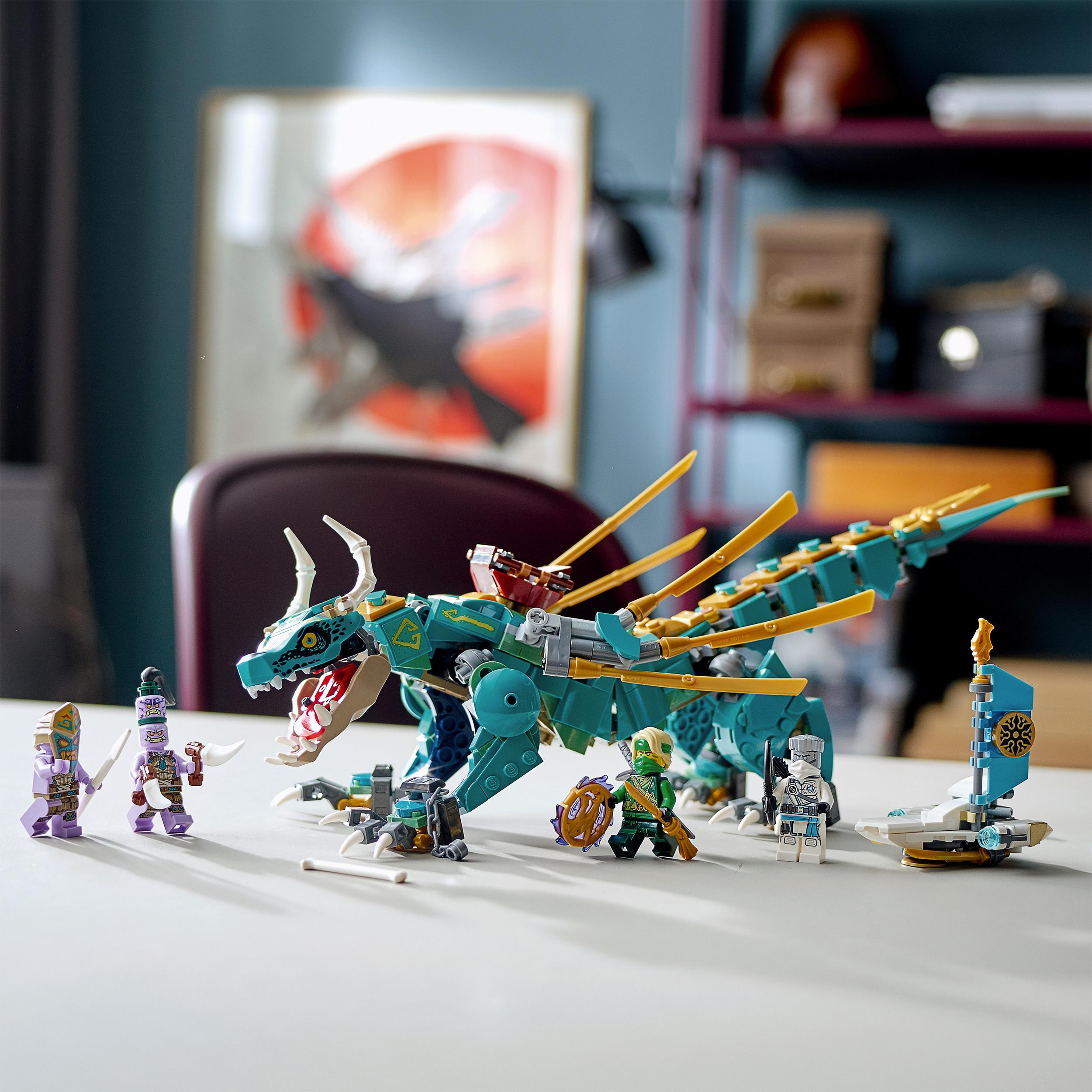 LEGO NINJAGO Jungle Dragon Toy Figure Set 71746 with posable dragon and 4 minifigures for exciting island adventures.